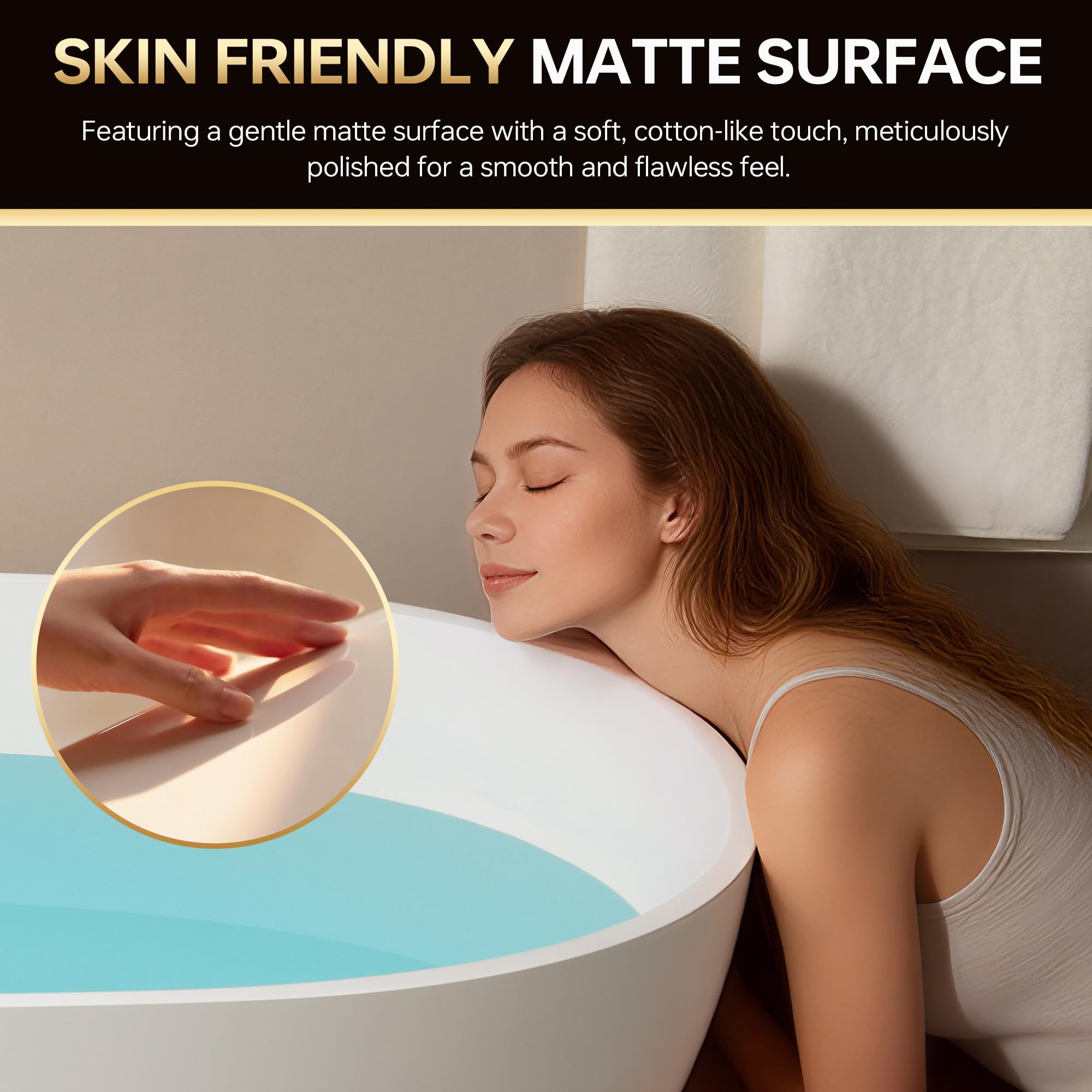 WOODBRIDGE 59" Stone Resin Freestanding Soaking Tub, Modern Oval Solid Surface Bathtub with Integrated Slotted Overflow & Drain, Matte White, B0055