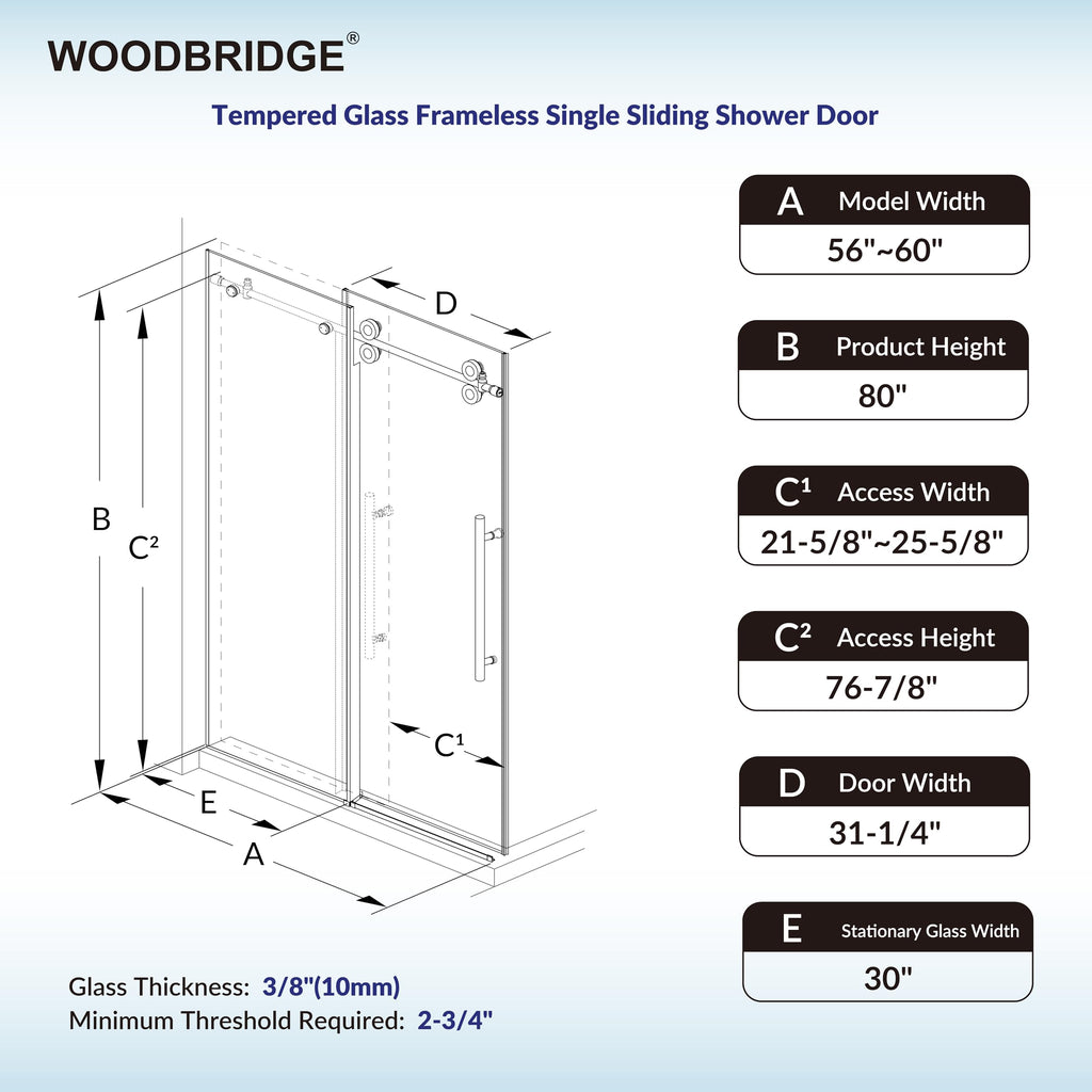 Woodbridge 56-60" W x 80" H Frameless Single Sliding Shower Door with Double Rollers,3/8(10mm) Tempered Glass with Explosion Proof Film in Matte Black Finish