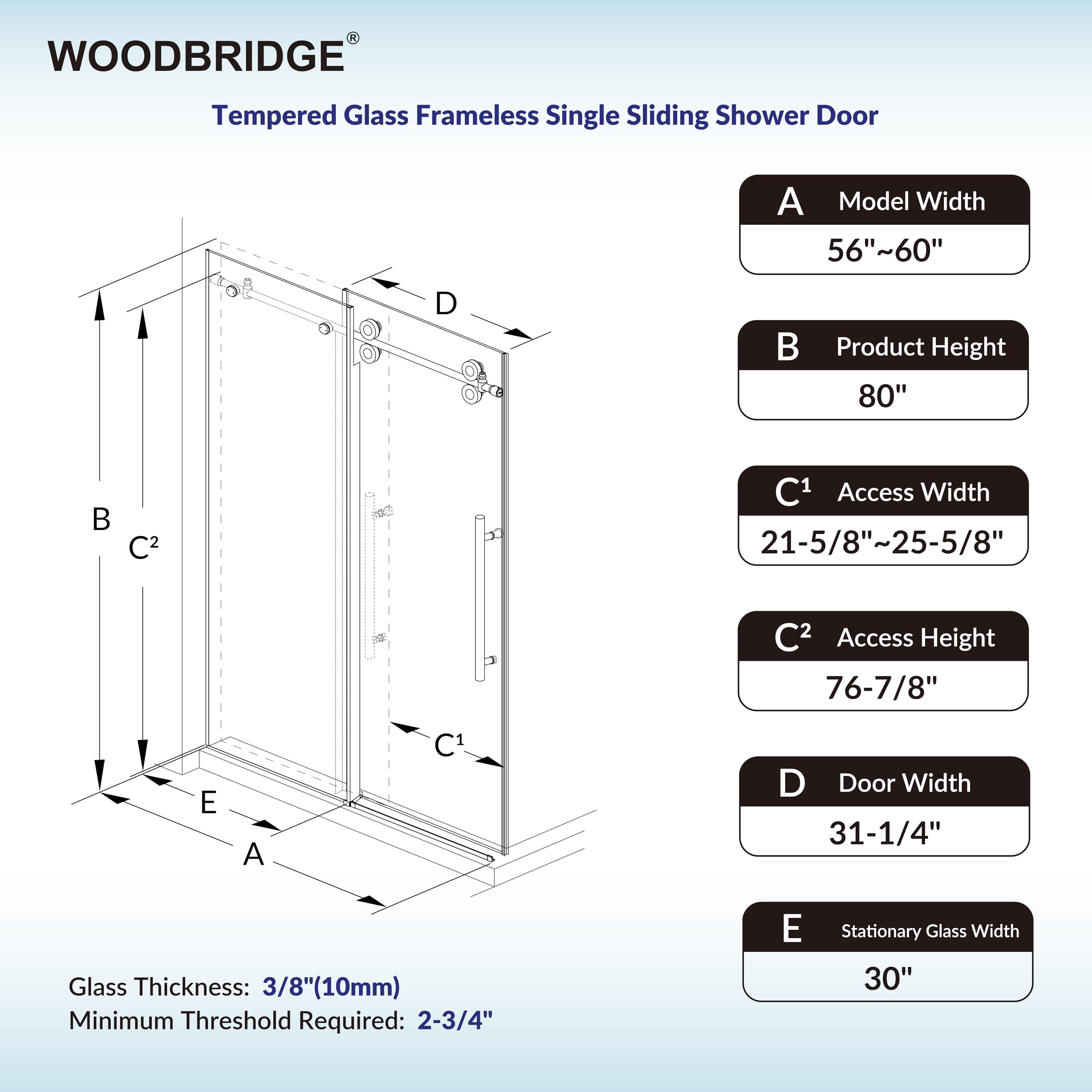Woodbridge 56-60" W x 80" H Frameless Single Sliding Shower Door with Double Rollers,3/8(10mm) Tempered Glass with Explosion Proof Film in Matte Black Finish