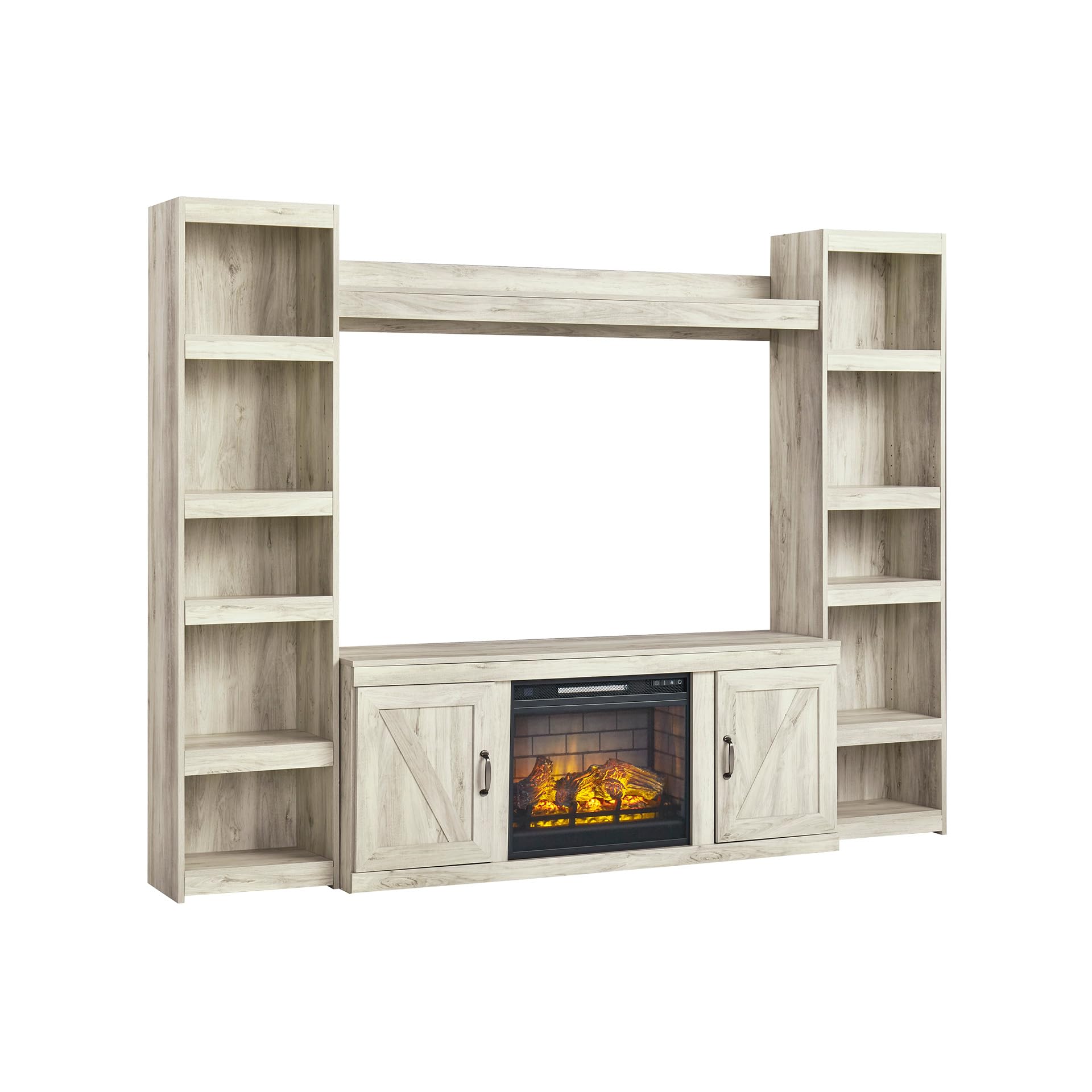 Signature Design by Ashley Bellaby Farmhouse 4-Piece Entertainment Center for TVs up to 69" with Electric Fireplace, Whitewash