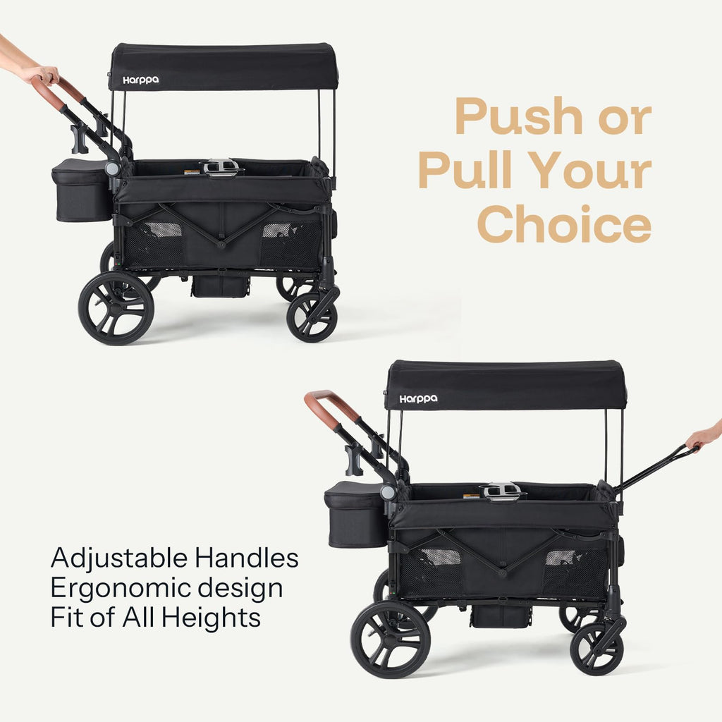 Harppa Remy Foldable Wagon Stroller for 2 Kids with Mosquito Net UPF 50+ Canopy, 110 lbs Capacity, 5-Point Harness, All-Terrain Wheels, Adjustable Handle for Park Zoo Camping Twins and Siblings Black