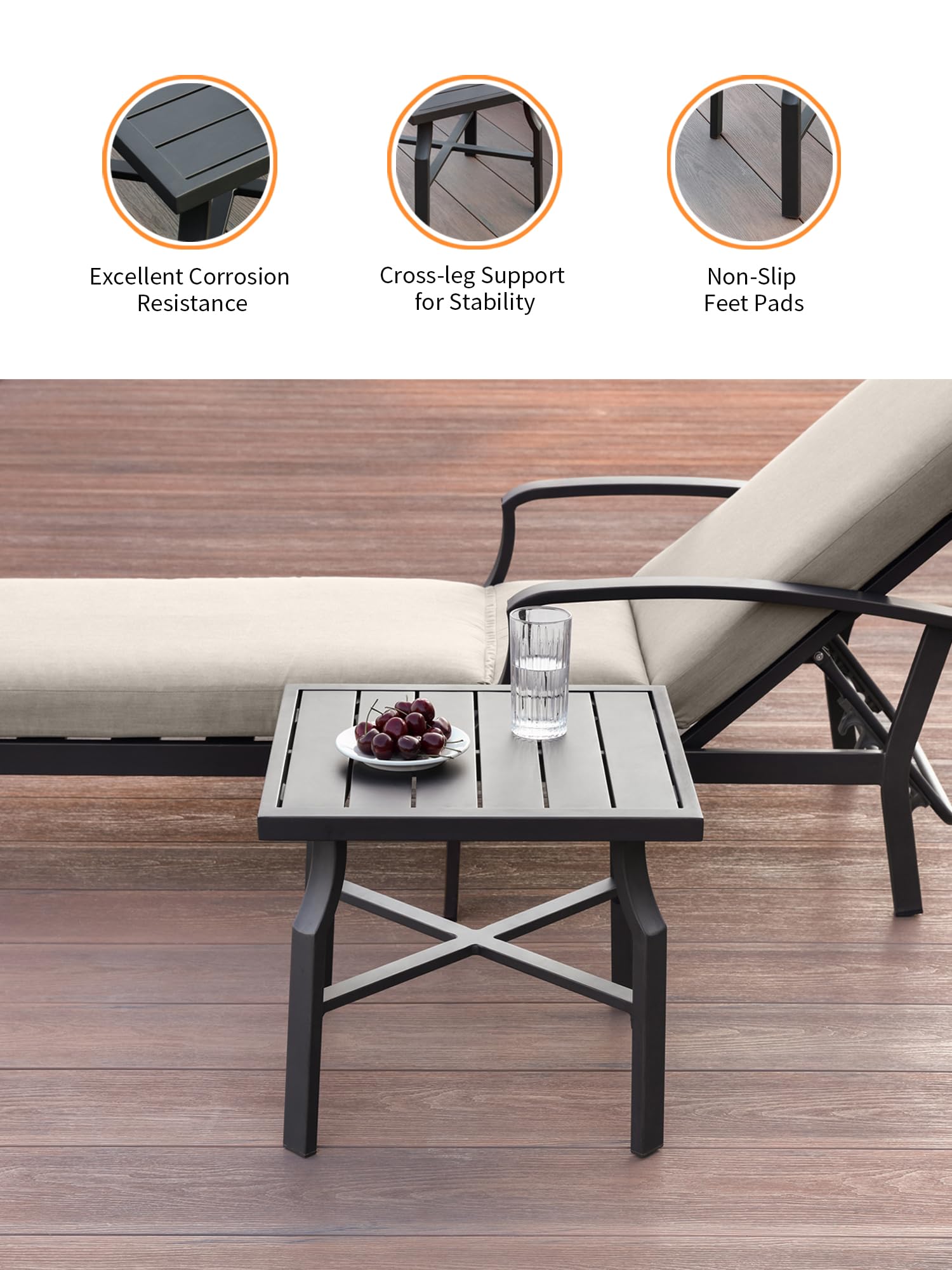 SEEHILL 2 Pieces Lounge Chair Set, Outdoor Chaise Lounge Set, Never-Rust Aluminum Pool Lounge Set with Gray Cushion, 6-Position Adjustable Patio Chaise with Outdoor Side Table for Poolside, Gunmetal