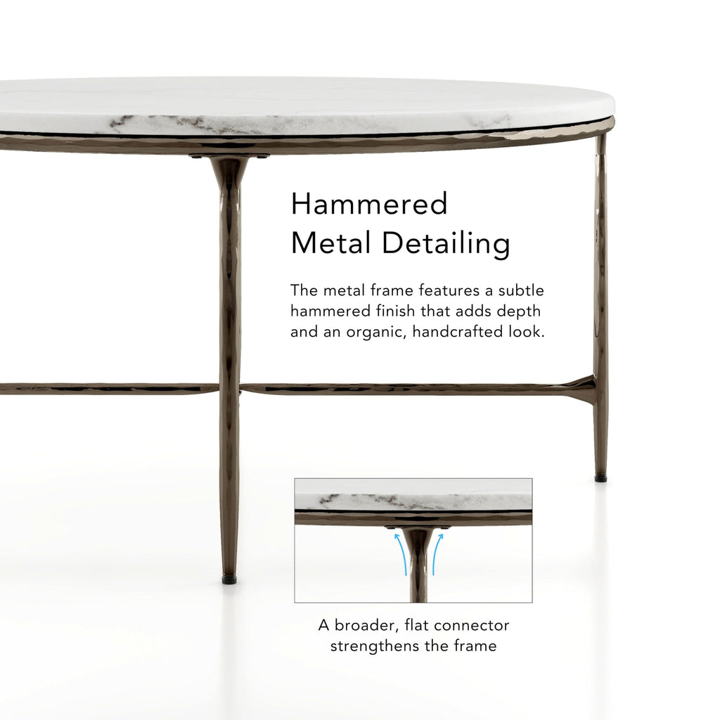 24/7 Shop at Home Aureum Modern 35-inch Round Marble Top Coffee Table with X-Brace, Hammered Dark Bronze Metal Frame for Living Room, Office, White