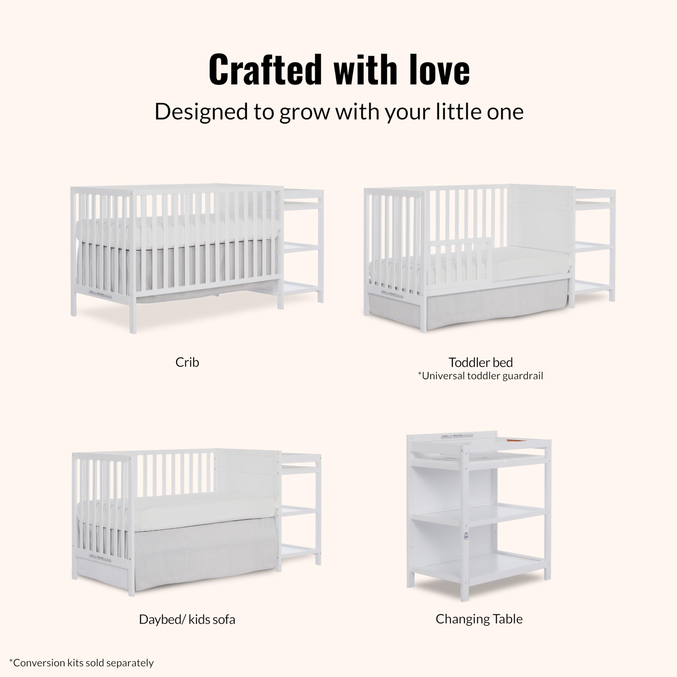 Dream On Me Synergy 3-in-1 Convertible Full-Size Baby Crib & Changer, White, Open Storage, GreenGuard Gold & JPMA, Pinewood, Converts to Day & Toddler Bed, 4 Mattress Heights, 1″ Changing Pad,
