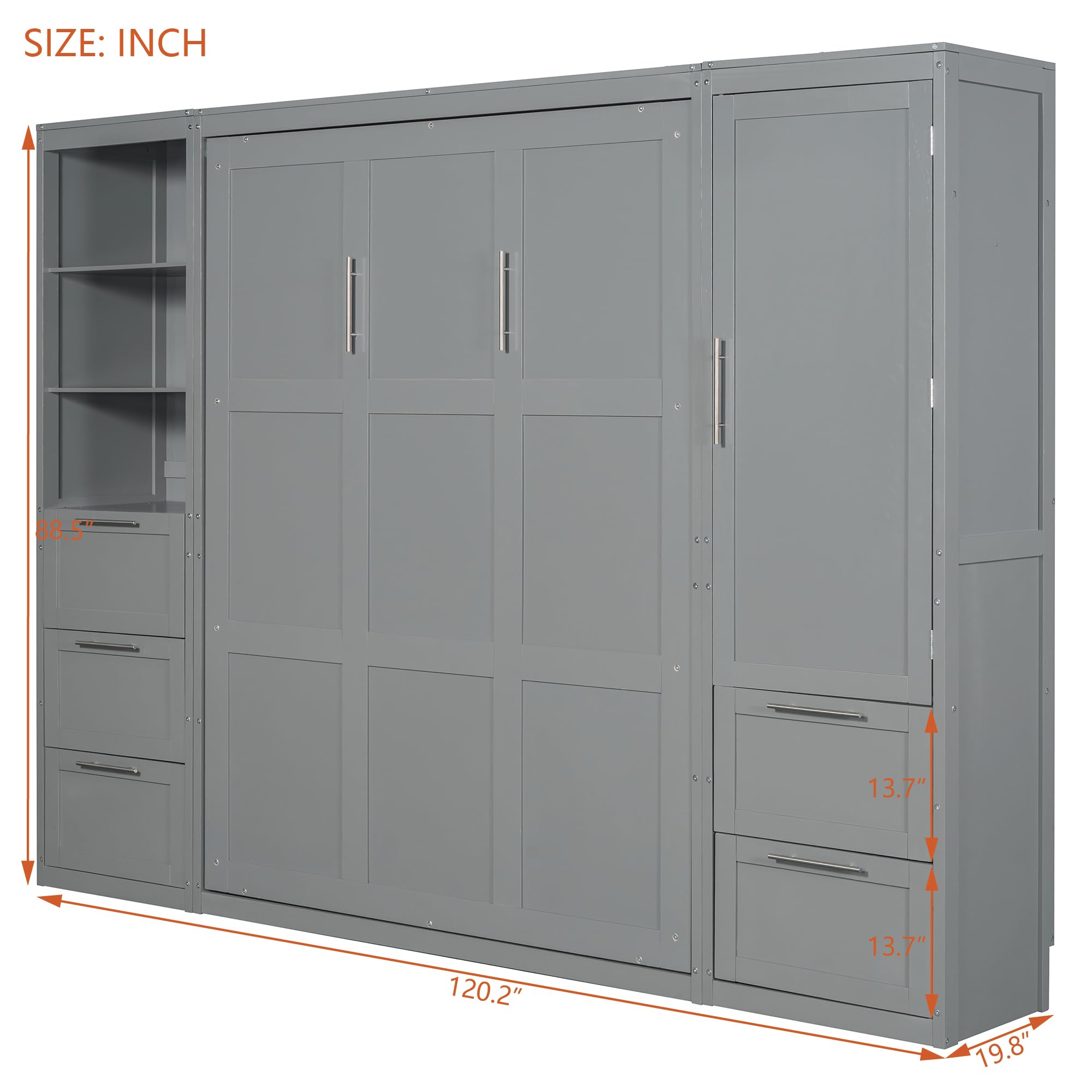Merax Murphy Bed Queen Size, Built-in Shelves, Storage Drawers and Wardrobe, Wood Folding Wall Bedframe for Guest Room, Home Office, Grey