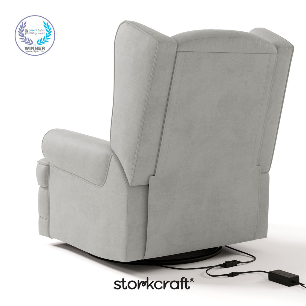 Storkcraft Serenity Upholstered Swivel Glider with USB Charging Port (Steel) – Fully Upholstered Wingback Nursery Glider Recliner with Manual Recline Function, Rocking Chair, 360 Swivel Base