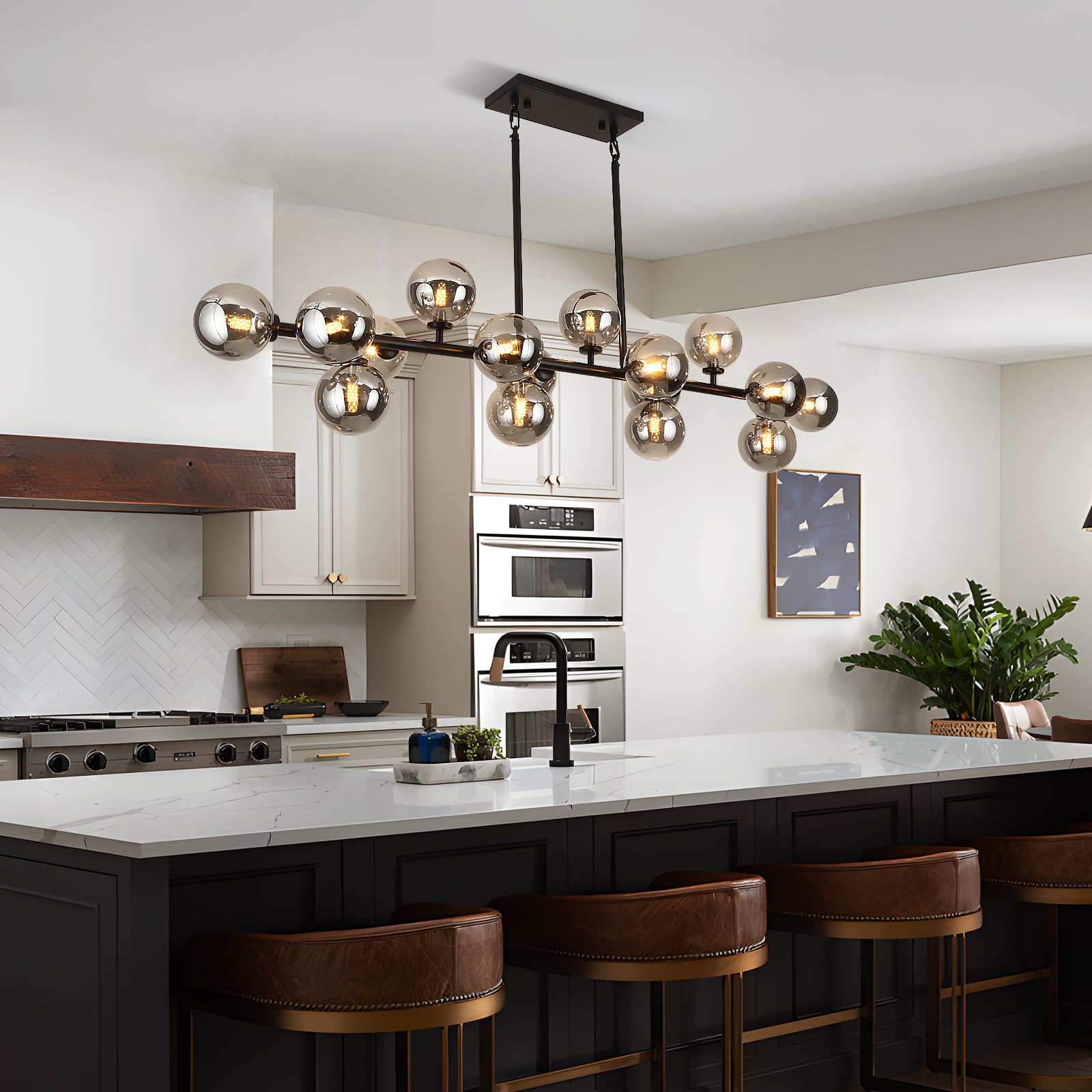 APLampara Mid Century Modern Chandelier 55in Linear Bubble Chandeliers 16-Light Black & Gray Sputnik Pendant Lighting Fixture for Dining Room Kitchen Island