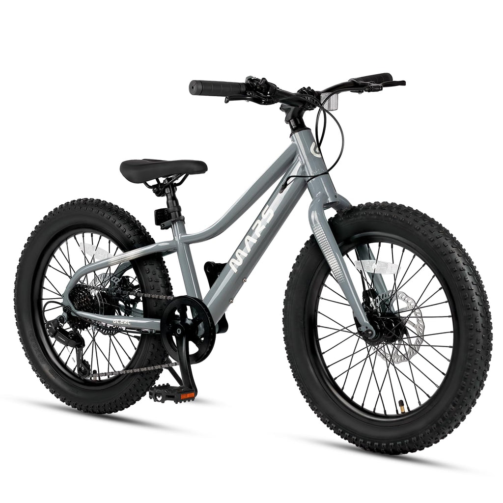 Glerc Mars Kids Mountain Bike, 20 Inch Fat Tire Bike for Teen Ages 6-12 Year Old, Bicycle with 2.8-Inch Wide Tires and 6 Speed Drivetrain, Gray