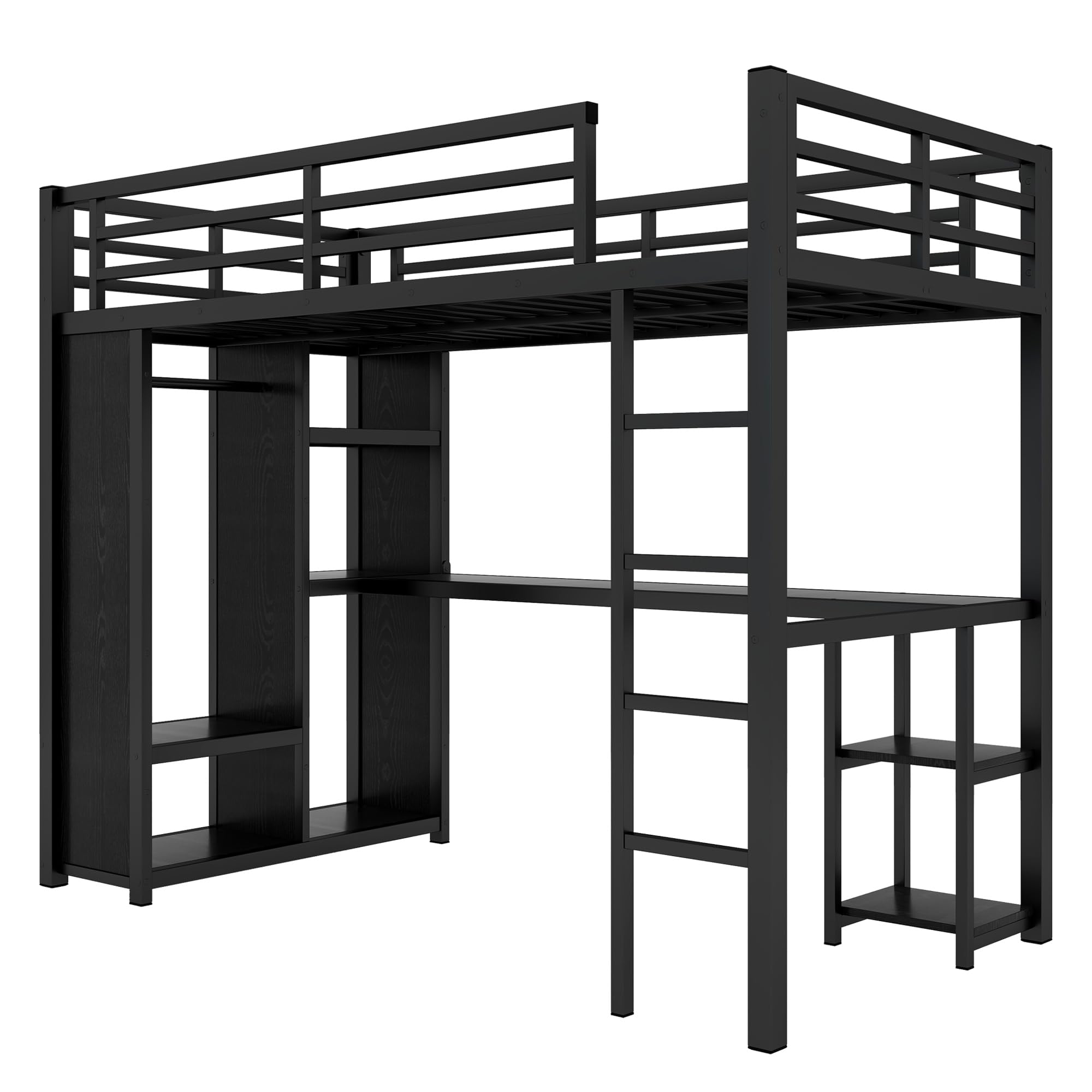 Bellemave Metal Twin XL Size Loft Bed with Desk and Wardrobe,Heavy Duty Loft Bed Frame with Storage Shelves for Kids,Teens,Adults, Space Saving,Black