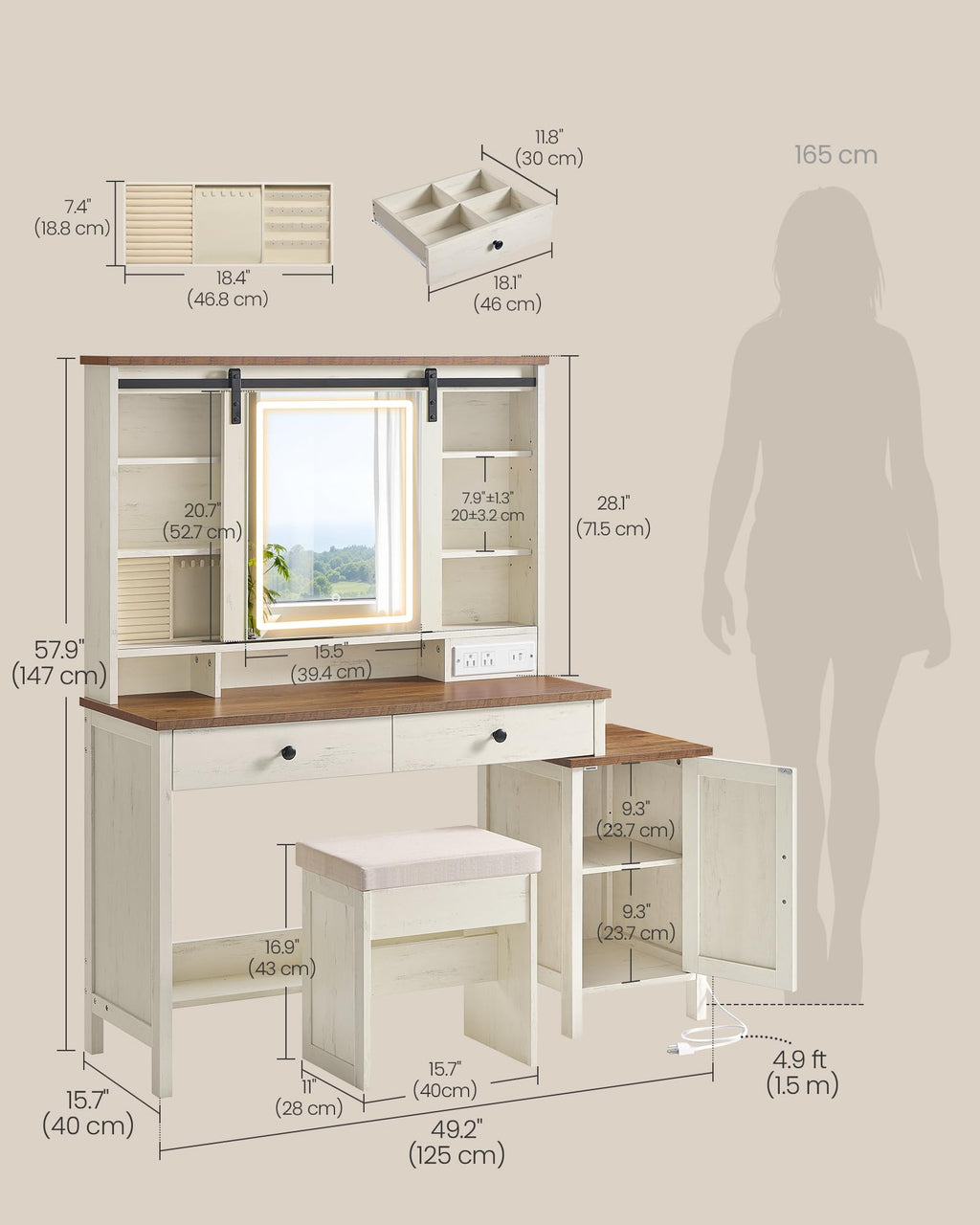 VASAGLE LIRY Collection - Vanity Desk with Mirror and Lights, Farmhouse Makeup Vanity with Stool, Charging Station, 2 Drawers, Jewelry Storage, for Bedroom, Rustic White and Honey Brown URDT135W01S