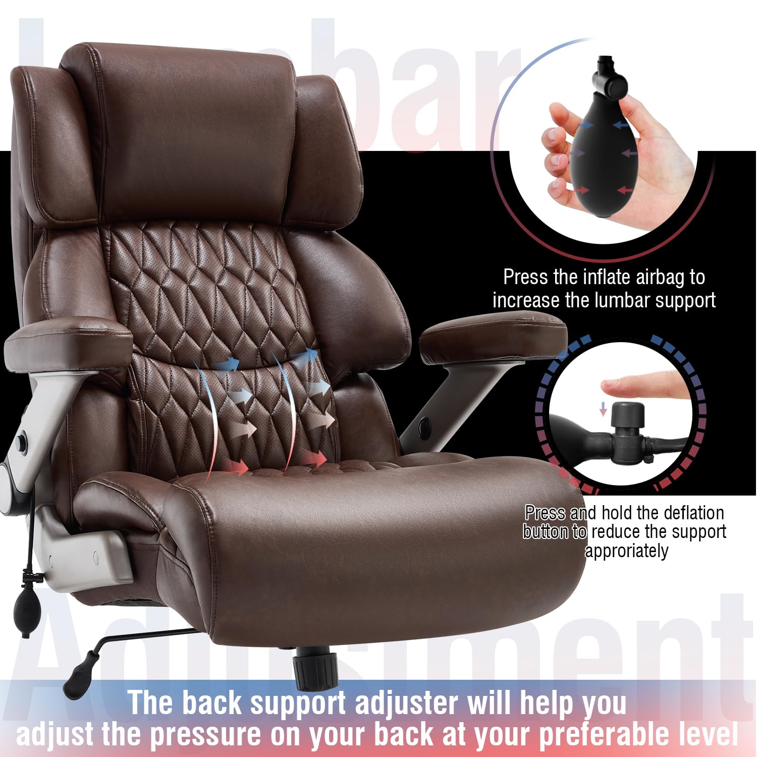 700lbs Big and Tall Office Chair - Adjustable Lumbar Support Heavy Duty Metal Base Quiet Rubber Wheels High Back Large Executive Computer Desk Swivel Chair, Ergonomic Design for Back Pain
