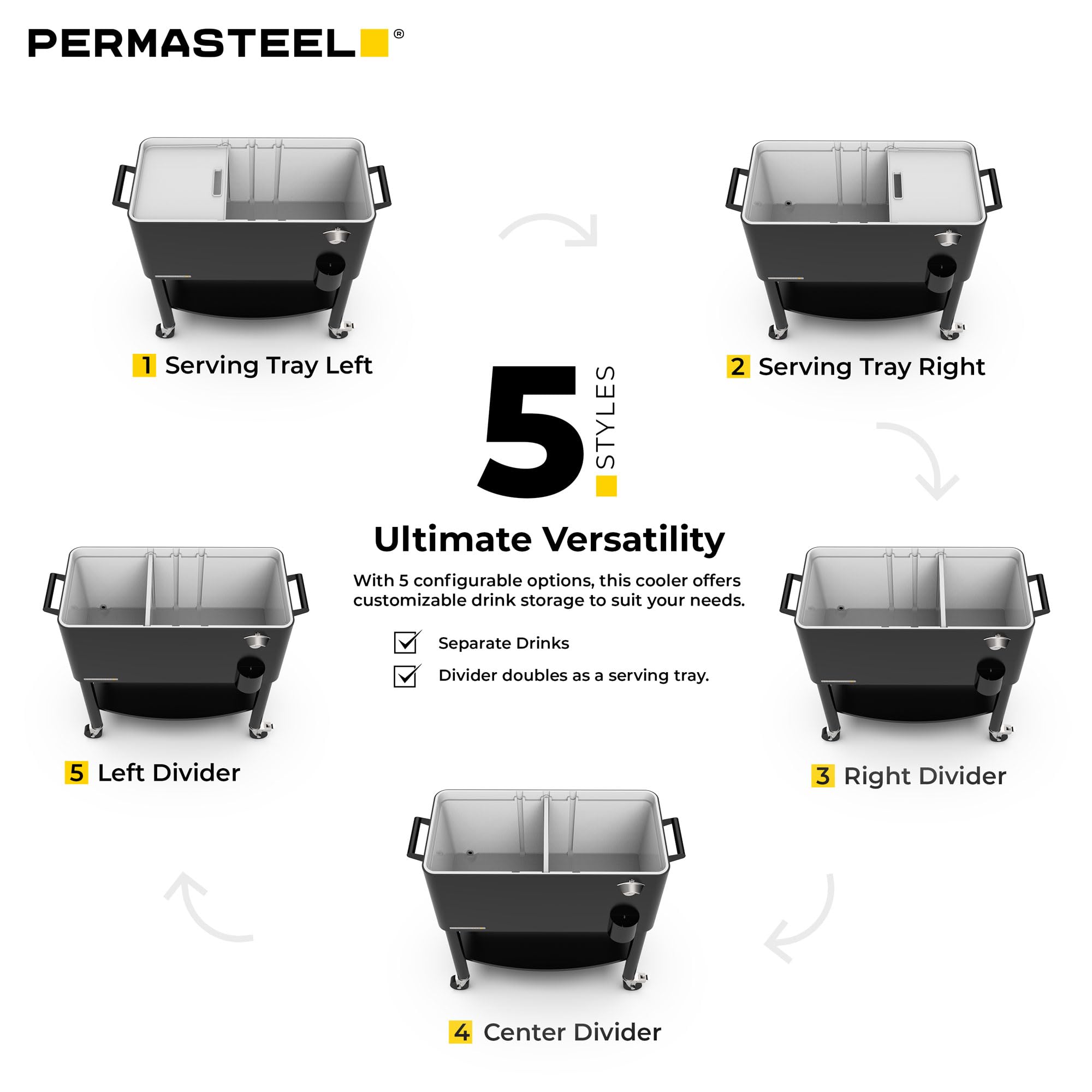 Permasteel Party Cooler with Divider, Spacious 80-Qt Capacity, Chills 36hrs, Serving Tray, Rolling Ice Chest for Indoor and Outdoor Entertainment, Black