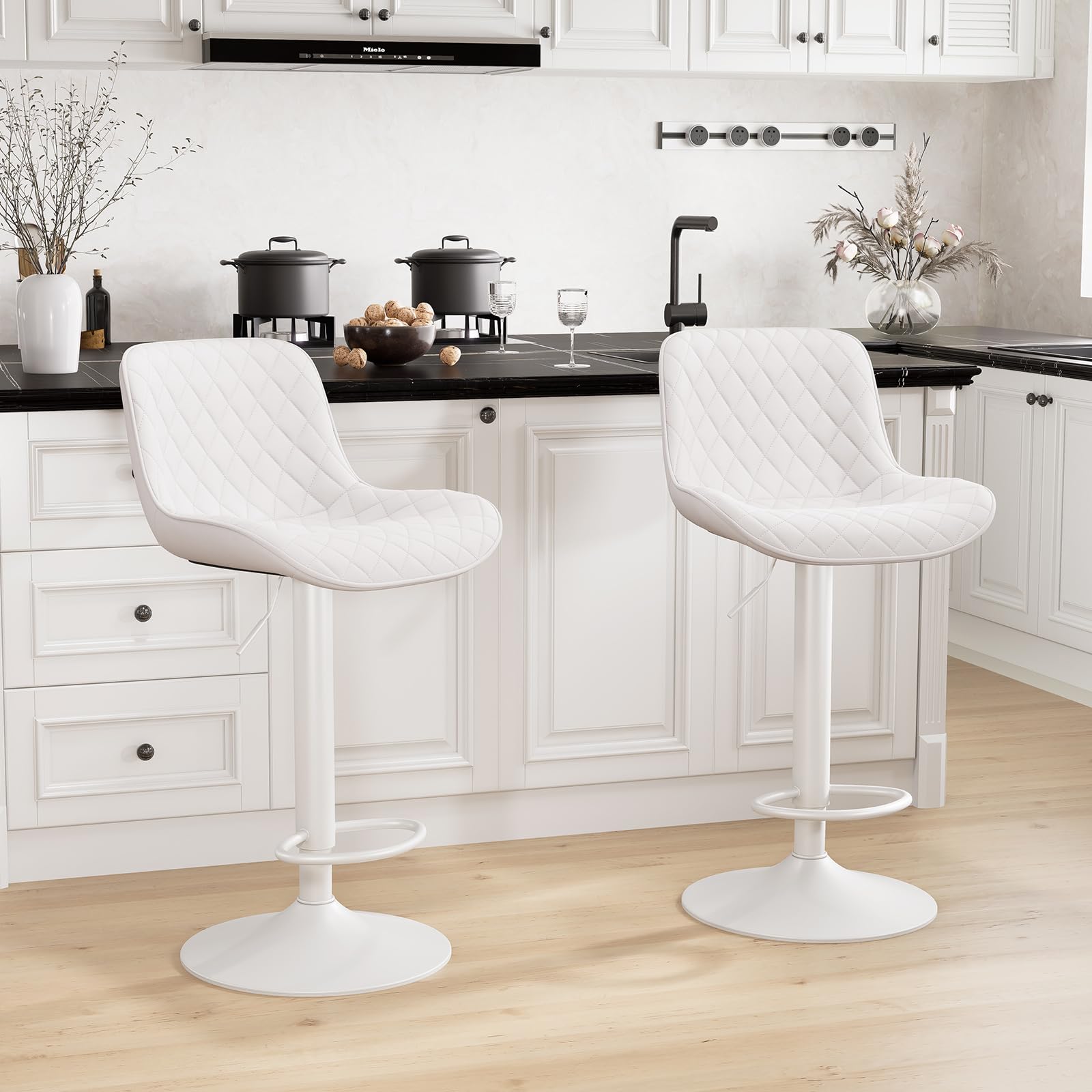 YOUTASTE All White Bar Stools Set of 2, Upholstered Counter Height Bar Stool, Adjustable Swivel Faux Leather Barstools, with Padded Back, Metal Base, Kitchen Chairs for Home Island