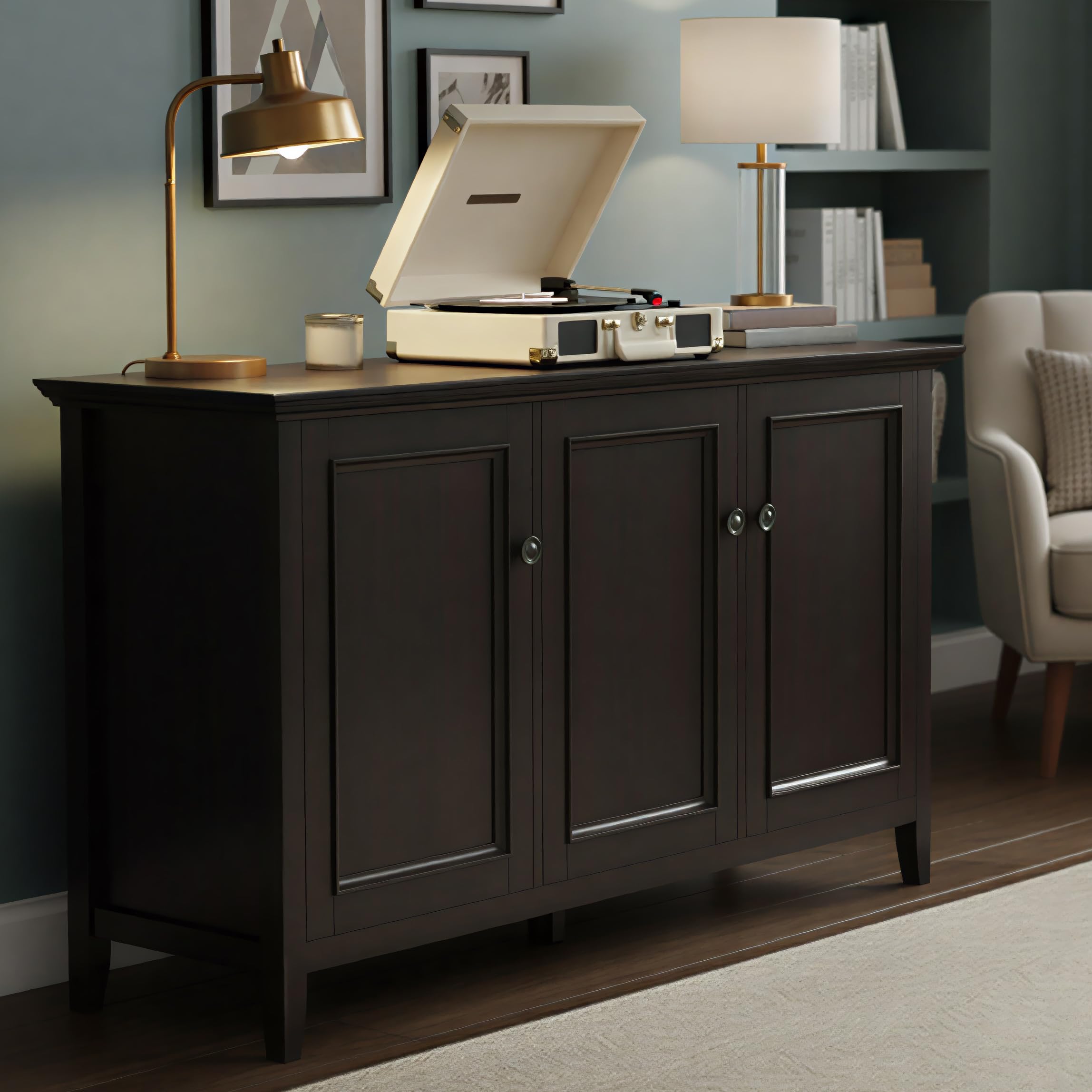 SIMPLIHOME Amherst 60-inch Wide Solid Wood 3-Door Storage Cabinet in Hickory Brown, Transitional-Style Buffet Sideboard for Living Room, Dining Room or Entryway