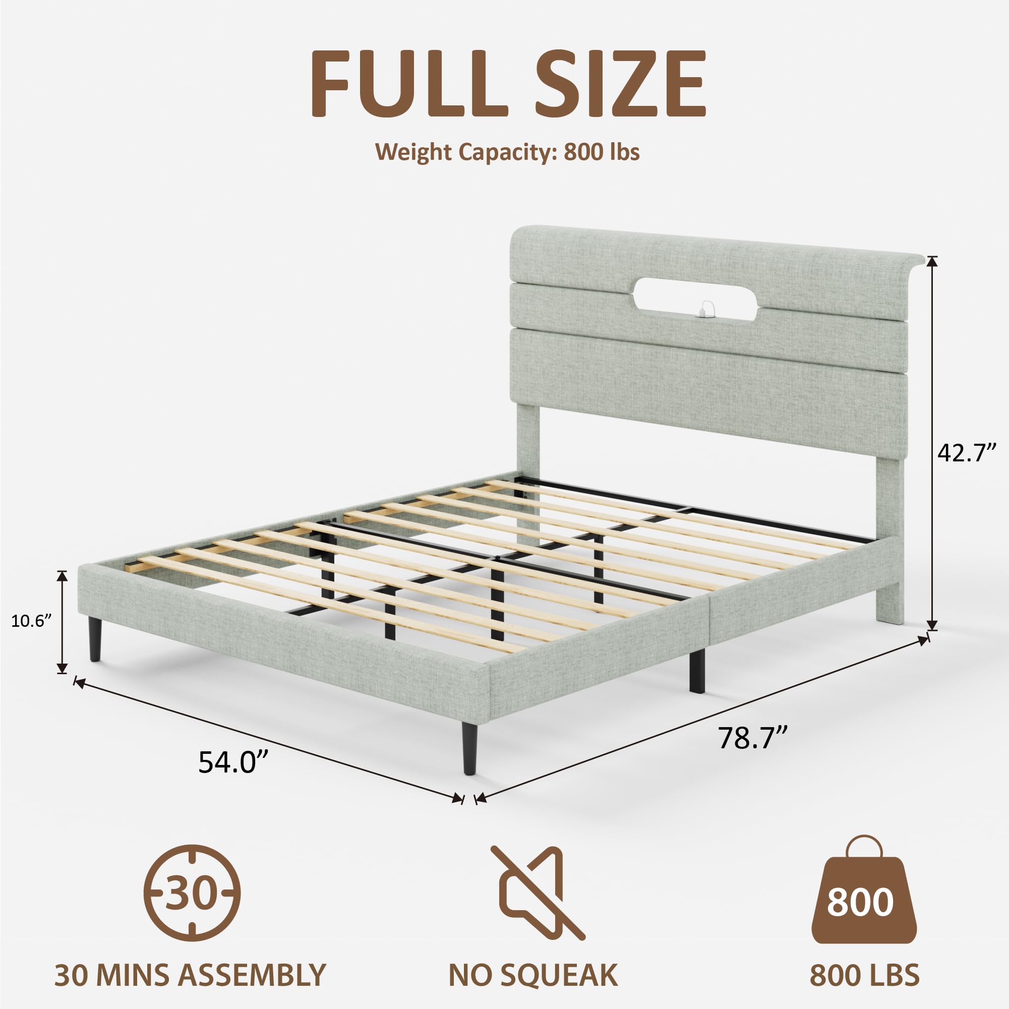Sismplly Full Bed Frame with Linen Headboard, Platform Bed Frame with Upholstered Headboard, Mattress Foundation, No Box Spring Required, Easy Assembly, Light Green