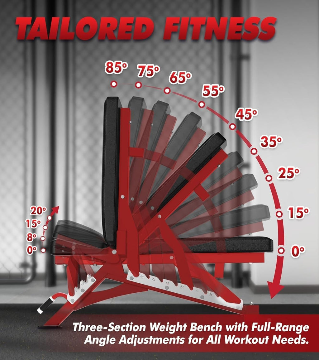 RITFIT Adjustable Weight Bench with Multiple Back Positions for Full Body Workouts, Incline, Decline, and Flat Settings for Home Gym Strength Training, 1300LB Capacity (Red,with 2x5lb rubber dumbbells)