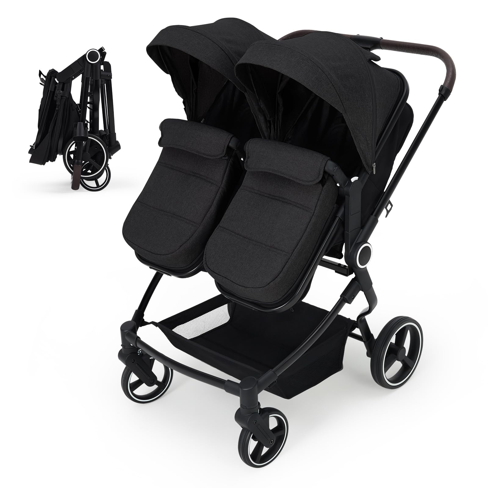 Double Stroller for Twins, Lightweight Side by Side Baby Stroller for Infant & Toddler, High Landscape Double Seat, One-Click Stroller with Adjustable Canopy, Reclining Seats & 5-Point Harness