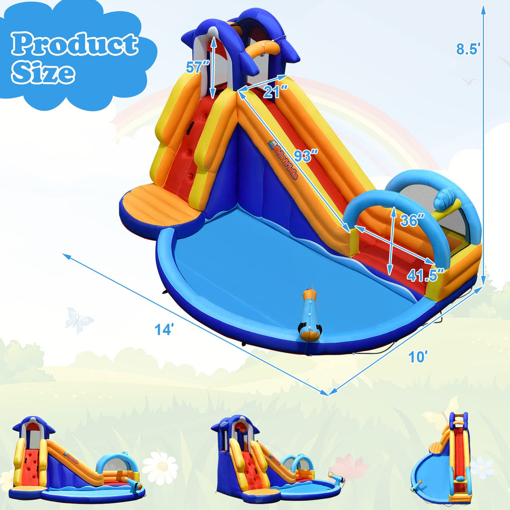 OLAKIDS Inflatable Water Slides, 14FT x 10FT x 8.5FT Shark Theme Bouncy House with Slide, Splash Pool, Climbing Wall, Water Gun, Outdoor Jumping Castle with Hose Carry Bag Stakes