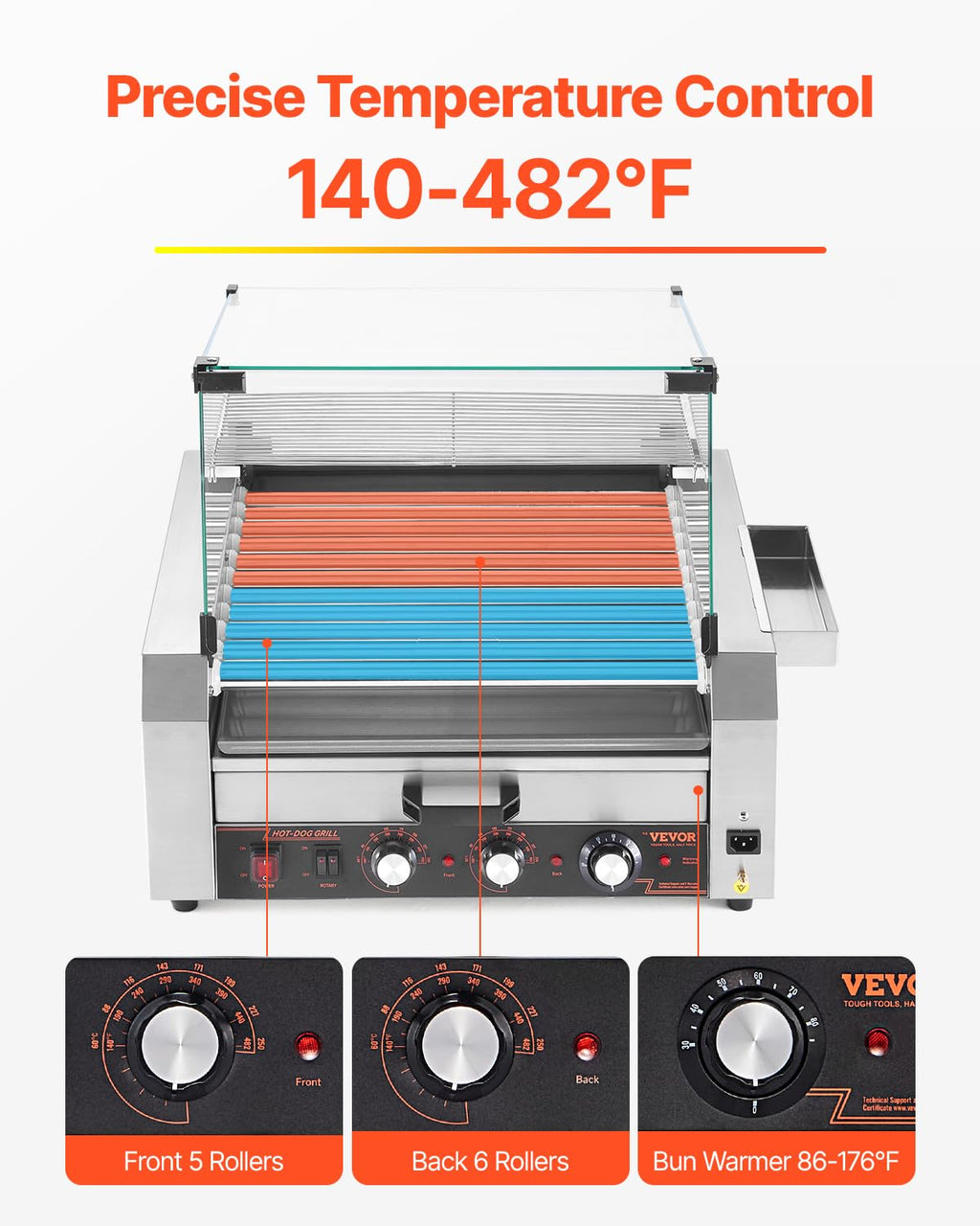 VEVOR Hot Dog Roller, 30 Hot Dog 11 Rollers, Stainless Steel Sausage Grill Cooker, 1950W Hot Dog Machine with Bun Warmer, Cover, 3 Temp Control, Side Storage Box, Oil Drip Tray, for Home & Commercial