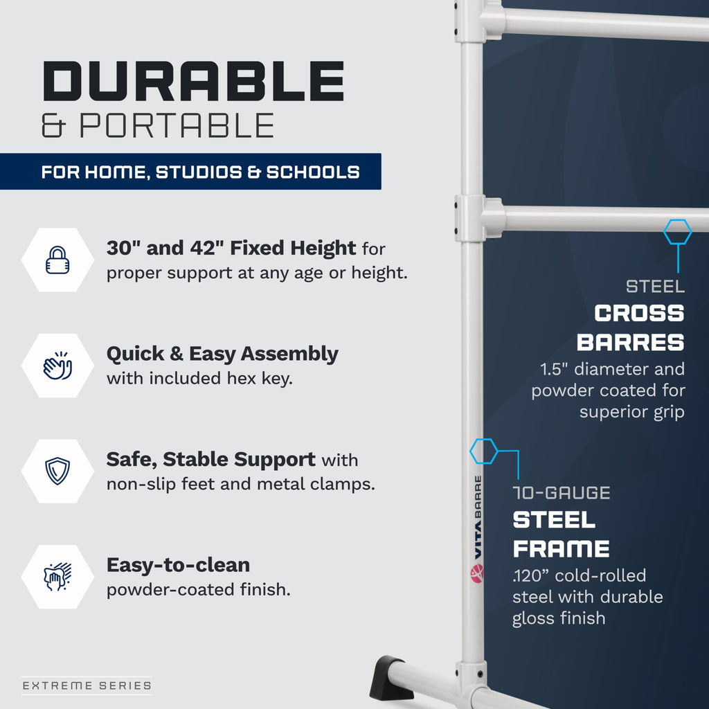 VITA Barre Portable Freestanding Double Ballet Barre, Extreme, 10 Ft Bars, Satin Silver, Steel | Fixed Height, Made in USA, Home or Gym Exercise Equipment for Kids & Adults | Dance, Fitness, Pilates