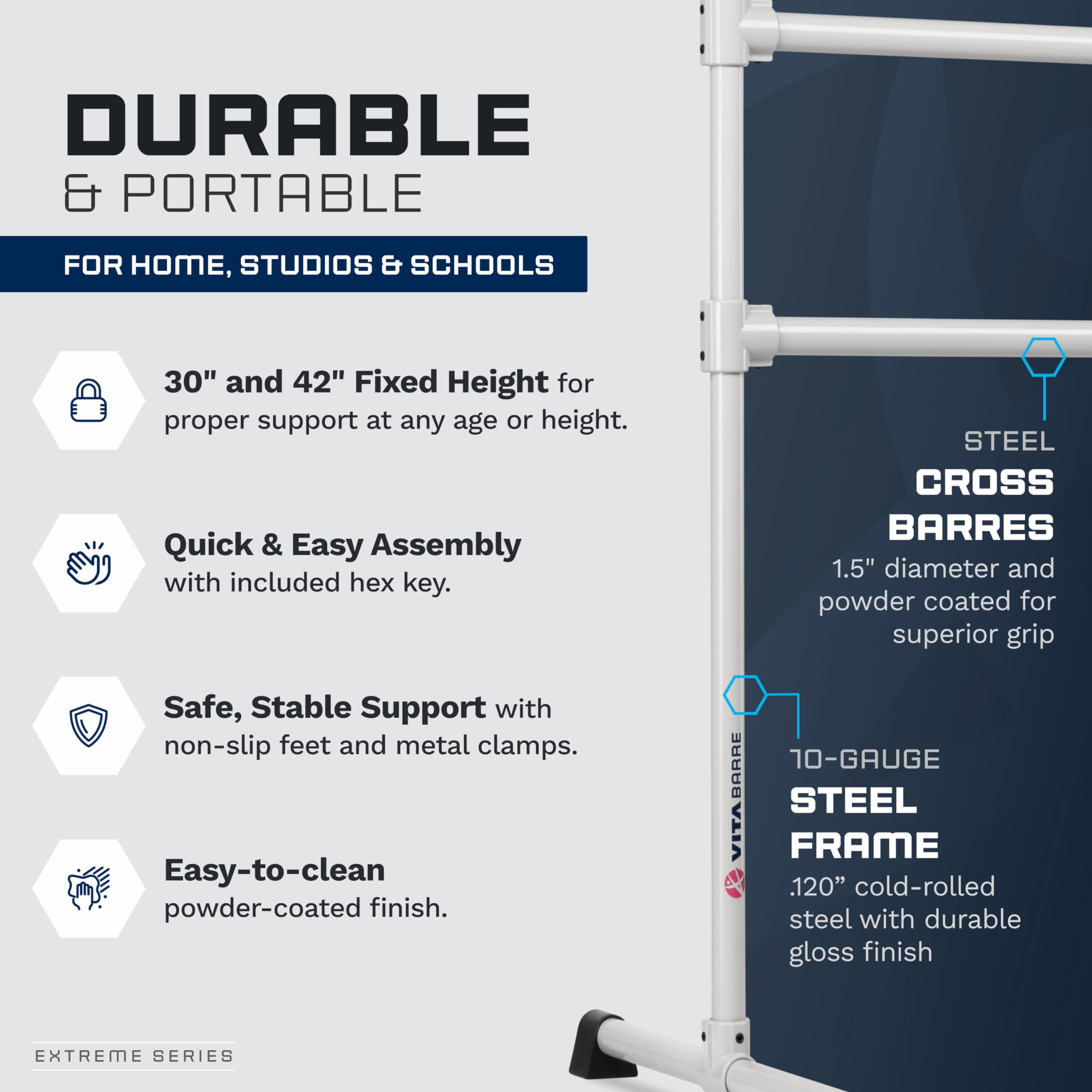 VITA Barre Portable Freestanding Double Ballet Barre, Extreme, 10 Ft Bars, Satin Silver, Steel | Fixed Height, Made in USA, Home or Gym Exercise Equipment for Kids & Adults | Dance, Fitness, Pilates