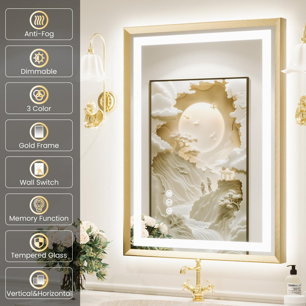 miskerm 55x36 Bathroom Mirror with Lights, Brushed Gold Metal Frame with Backlit + Front Lit, LED Bathroom Mirror, Anti-Fog, Dimmable, Bathroom Vanity Mirror Tempered Glass(Horizontal/Vertical)