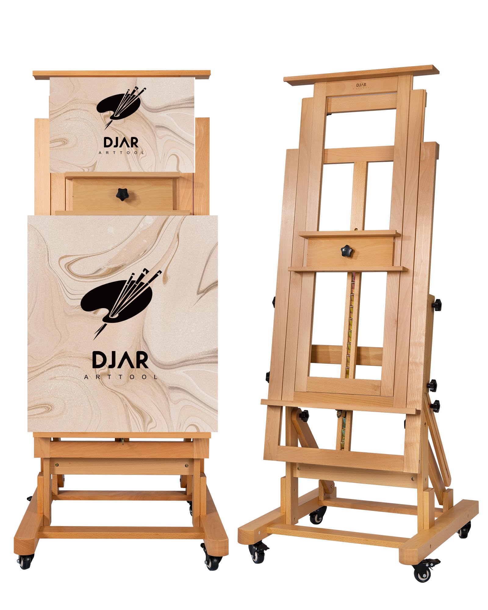 DJAR Extra Large H-Frame Art Easel, Movable Tilts Flat Painting Stand for Artist, Adjustable Solid Beechwood Heavy Duty Floor Easel for Painting, Hold 1 or 2 Canvas up to 79" Natural