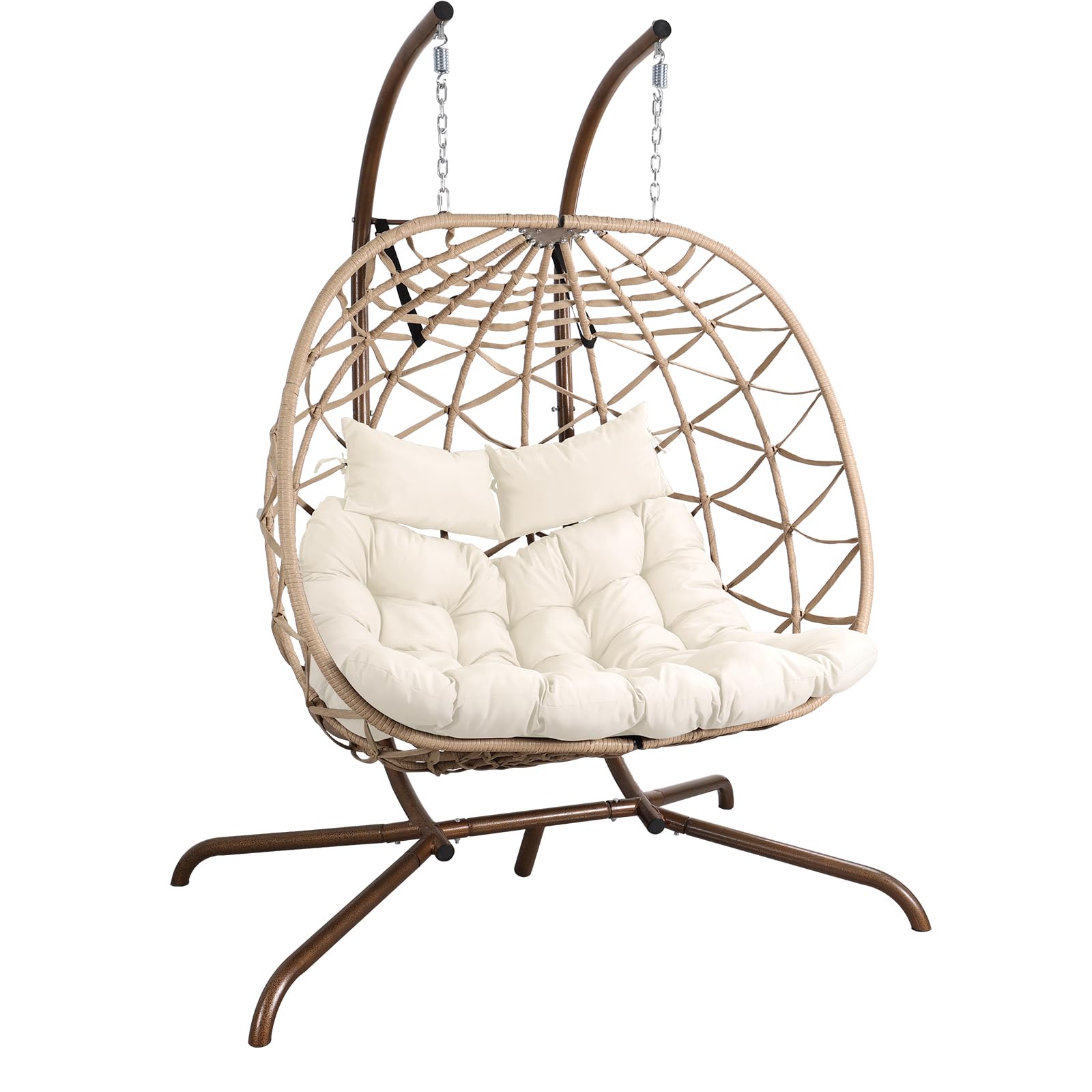 NOBLEMOOD Outdoor Egg Swing Chair with Stand, 2 Person Patio Swing Chairs with Thick Cushions and Pillows, Wicker Double Egg Chair Swing for Indoor Bedroom