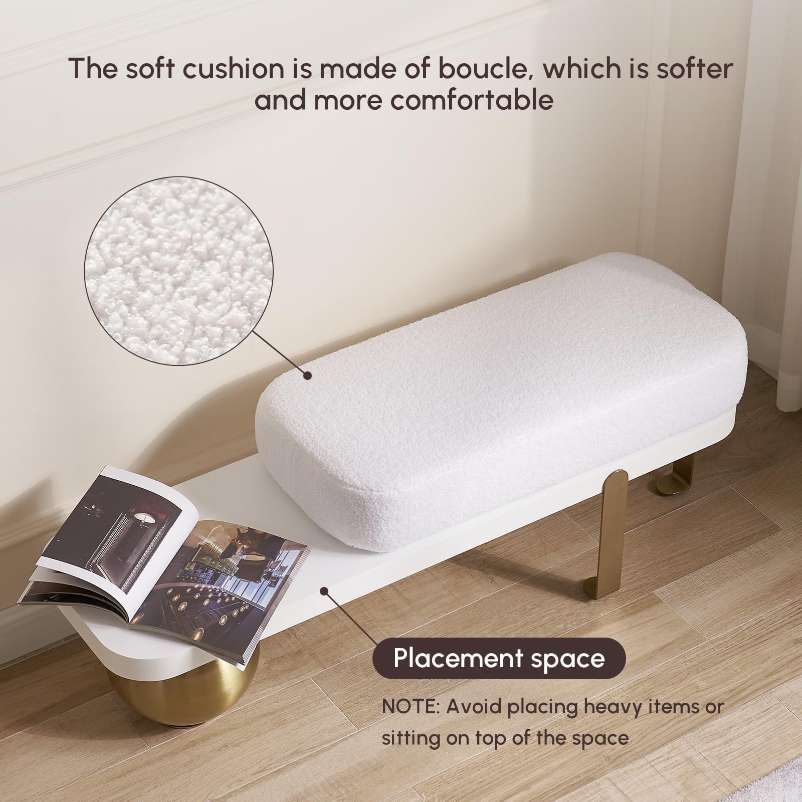 homary 47.2" Modern Entryway Bench, Wooden Boucle Upholstered Bench with Abstract Metal Legs, Lambswool Cushioned Seating for Entryway, Bedroom or Living Room