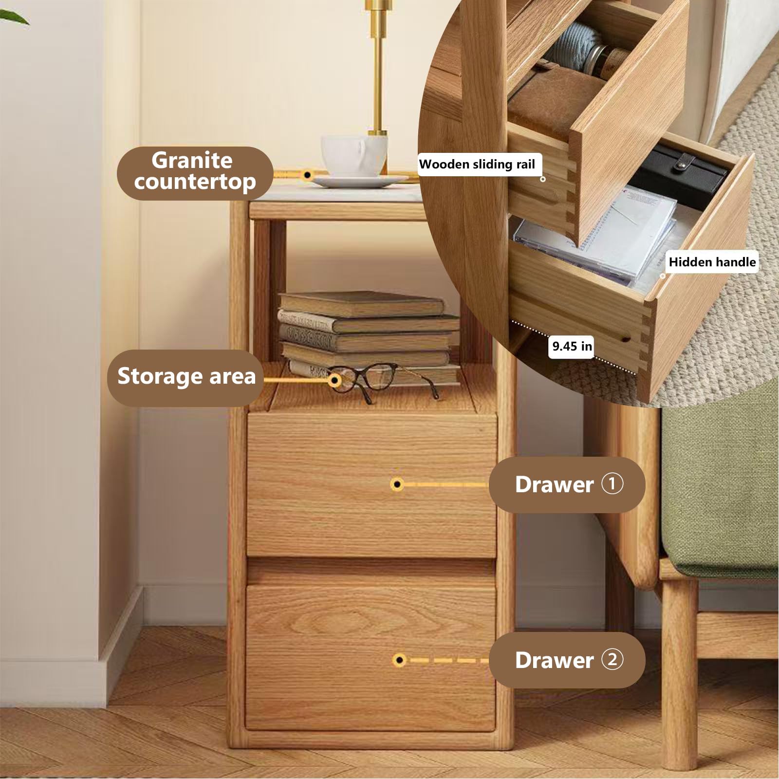 YingjiaLife Couch Side Table,with Scroll Wheels Mobile Dining Side Table,Narrow Bedside Table with Storage Function （Oak Color, 26.77" Dx 11.81" W x 23.23" H for Living Room Bedroom,Restauran Use