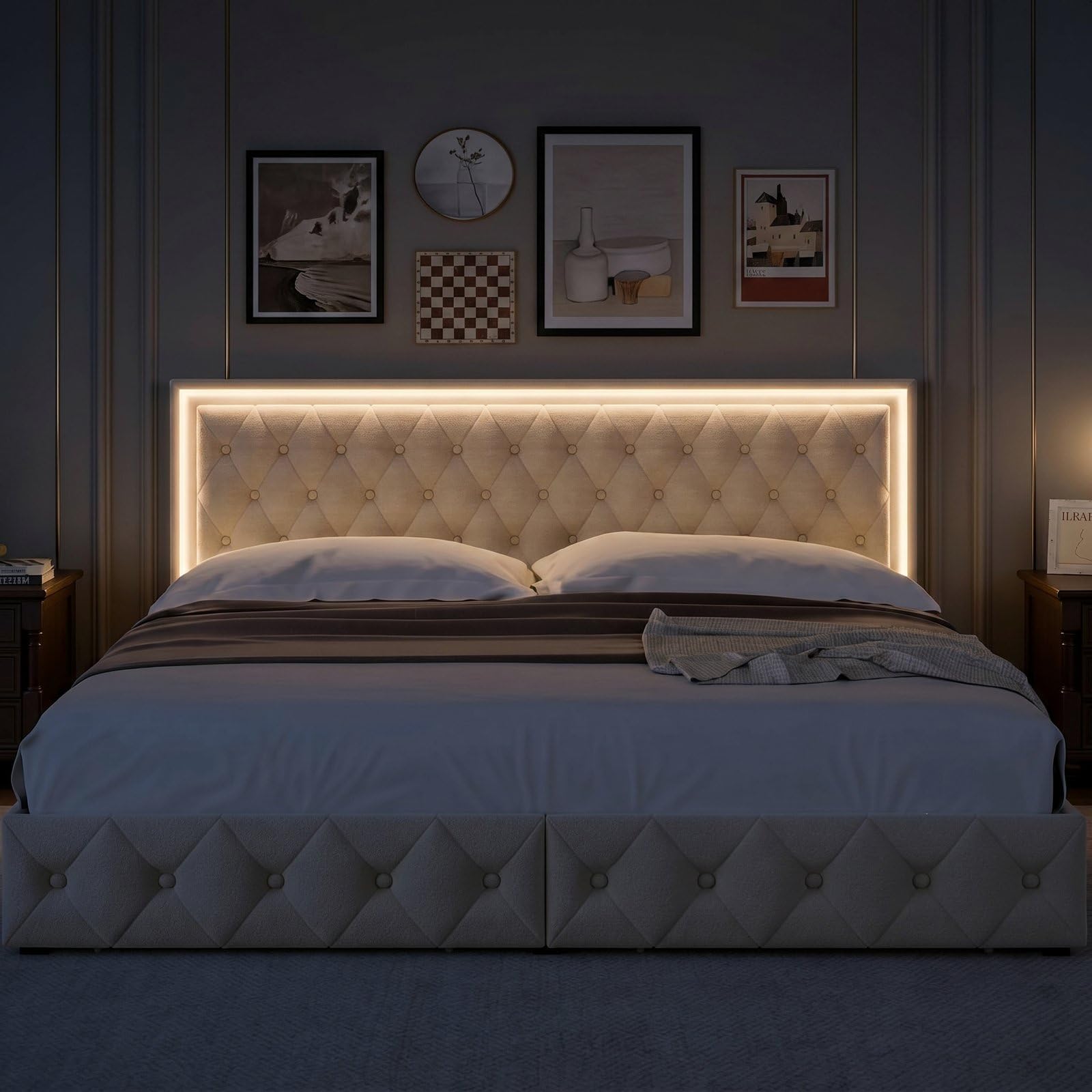 Keyluv King Upholstered LED Bed Frame with 4 Drawers, Velvet Platform Storage Bed with Adjustable Button Tufted Headboard and Solid Wooden Slats Support, No Box Spring Needed, Beige
