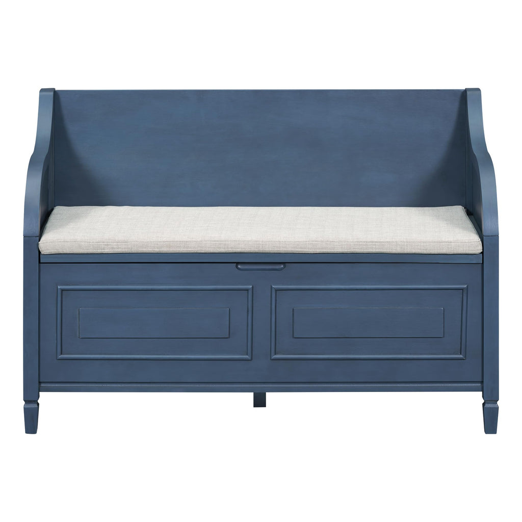 Brisca Rustic Style Storage Bench with Safety Hinge,Solid Wood Entryway Multifunctional Shoe Stool,W/Removable Upholstered Cushion,for Foyer,Bedroom,Antique Navy+Beige