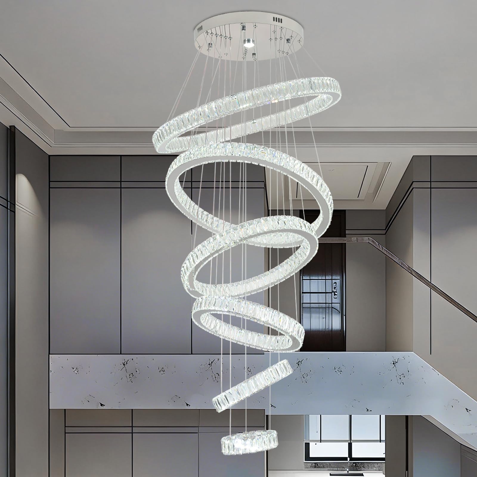 Finktonglan 6-Ring Crystal LED Chandelier, Cool White 6000K Modern Pendant Light, Adjustable Height up to 118", K9 Stainless Rings (Ø7.9–27.6"), Non-Dimmable for Foyer Stair Living Room
