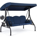 WINVO 3-Seat Outdoor Porch Swing with Adjustable Canopy, 2 in 1 Convertible Patio Swing Bed, Patio Glider Swing for Adult, with Cup Holder and Pillow for Backyard, Blue