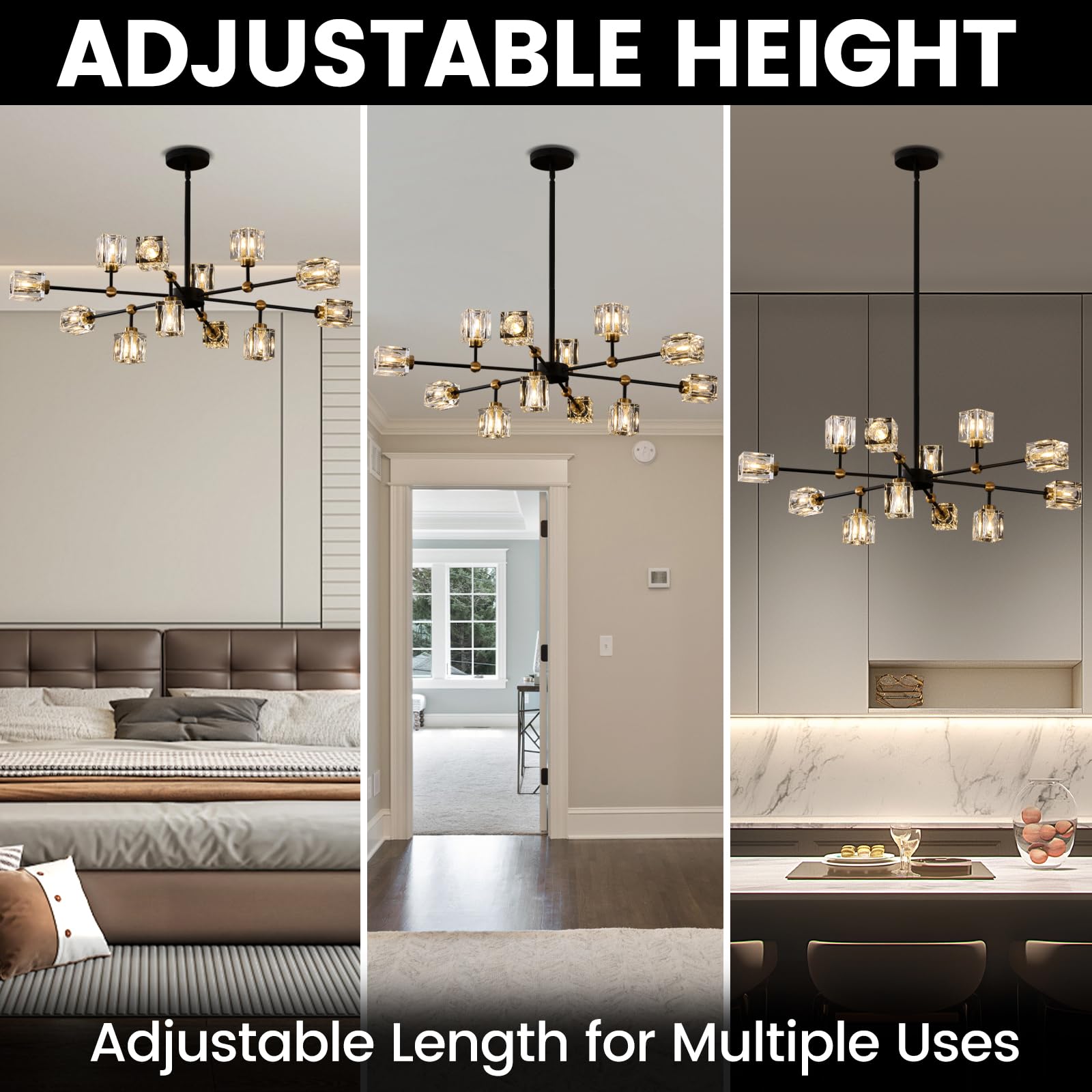 LIXDRASK 12-Light Black Crystal Chandelier Modern Sputnik Chandeliers for Dining Room Adjustable Height Sputnik Ceiling Light Fixture for Living Room Kitchen Island Bedroom