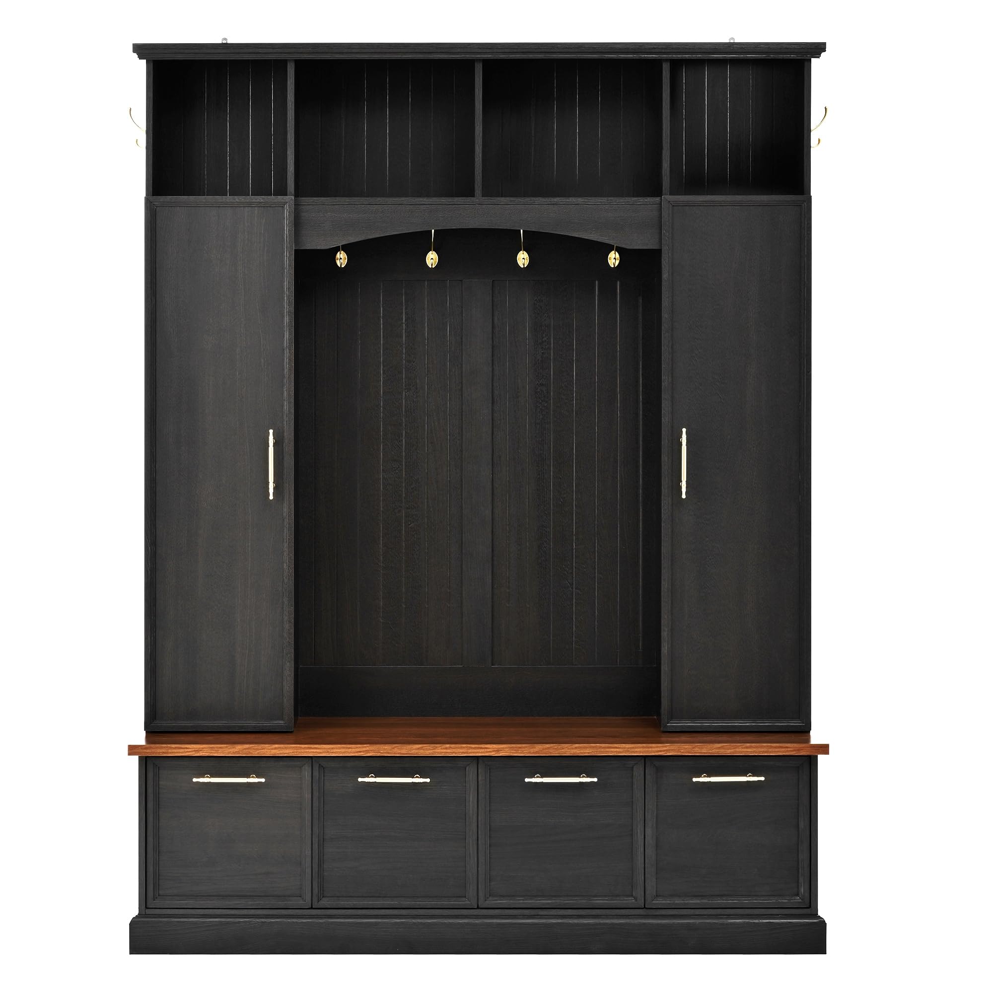 Merax 59" Farmhouse Hall Tree with Golden Hooks & Walnut Bench, Entryway Organizer with Adjustable Shelves, Shoe Storage, Anti-Tip for Mudroom, Living Room, Black