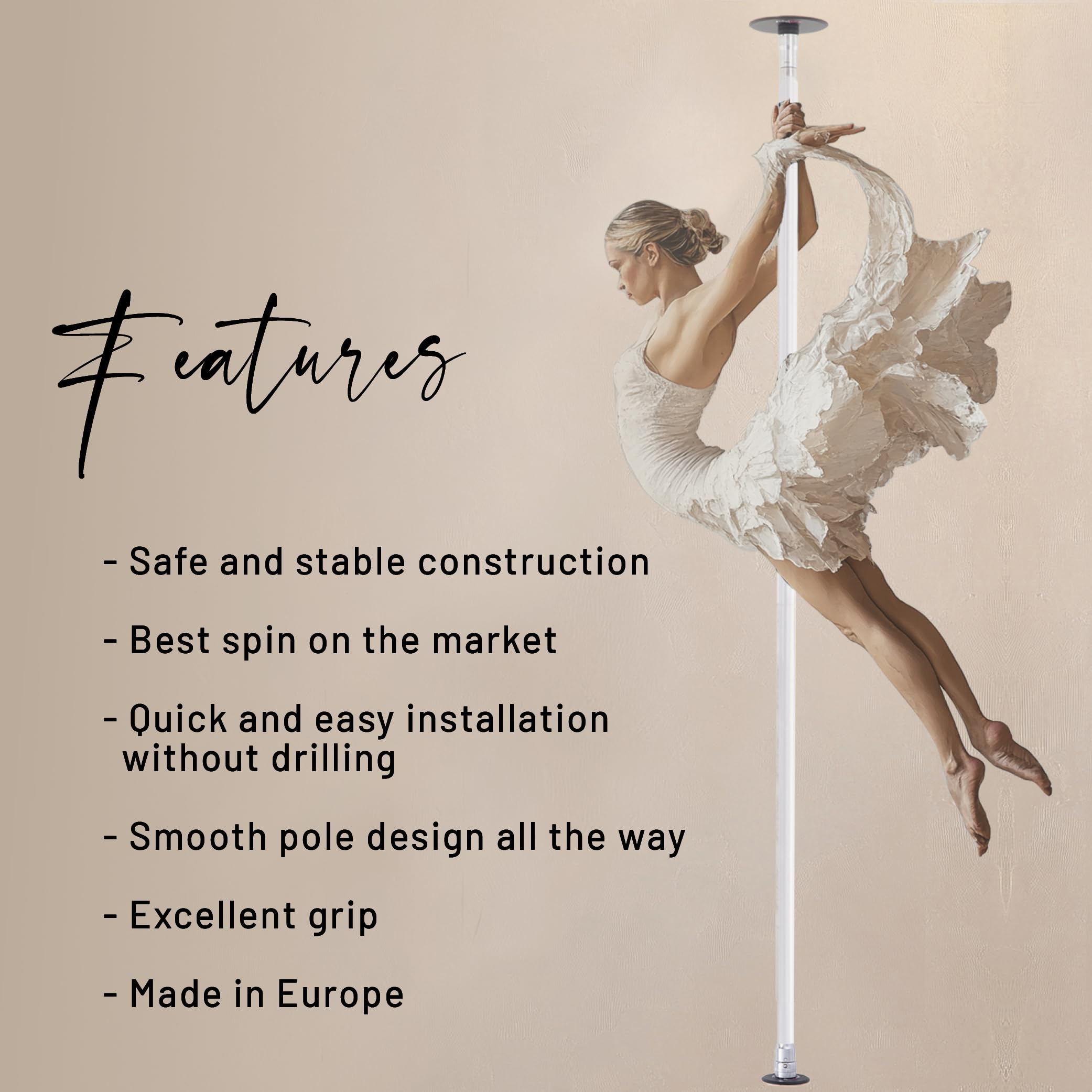 LUPIT POLE Classic G2 Quick Lock - Portable Dance Pole for Home - Spinning & Static Mode - Professional Pole Dancing Pole for Apartment, Club & More - Easy Installation - No Drilling (White, 45 mm)