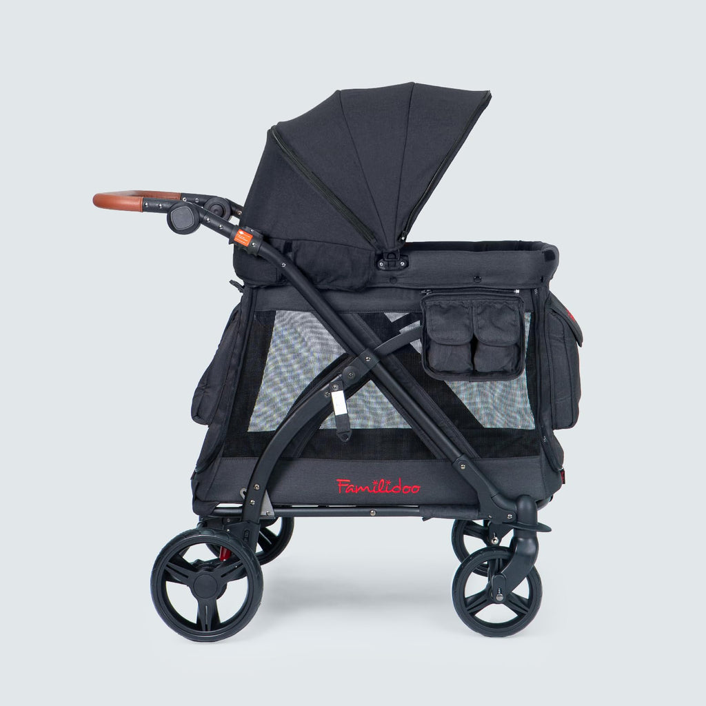 Familidoo MJ01 Stroller Wagon with Removable Bassinet & Seat, Snack Tray Included, Zippered Front and Rear Doors, Mesh Ventilated Panels (Black)