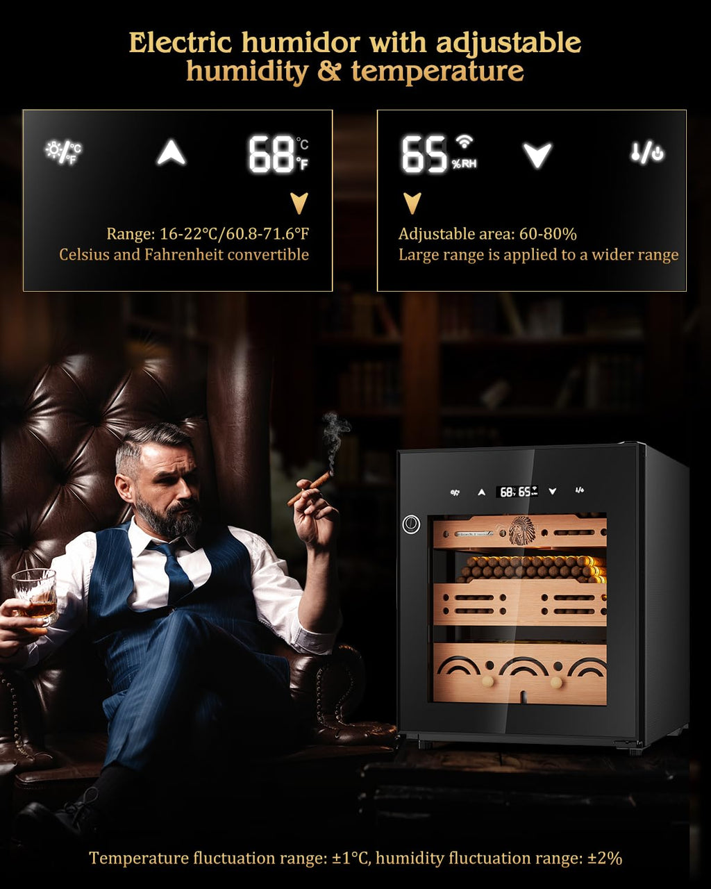 FANKAI Electric Cigar Humidor Cabinet with Temperature & Humidity Control System, 50L Cooling Cigar Fridge up to 300 Counts, Cedar Wood Shelves,Digital LED Screen,Fingerprint Safety Lock,Gift for Men