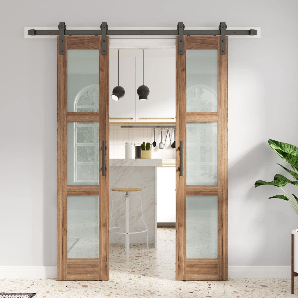 FREDBECK Double 18 x 84 inch Glass Barn Doors 36inch Barn Door with 6.6FT Hardware Kit & Handle Included,3-Panel Frosted Glass,LVL Wood Panel,Water-Proof PVC Surface,Pre-Drilled Holes,Need Assembly