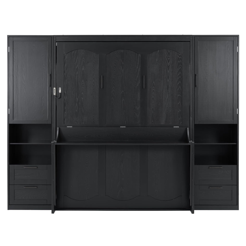 Merax Queen Size Murphy Bed with Desk, Multifunctional Foldable Wall Bed with Closet, Drawers and Shelves, Space-Saving Wood Bed Frame for Small Space Studio Study Office Guest Room, Black(Oak Veneer)