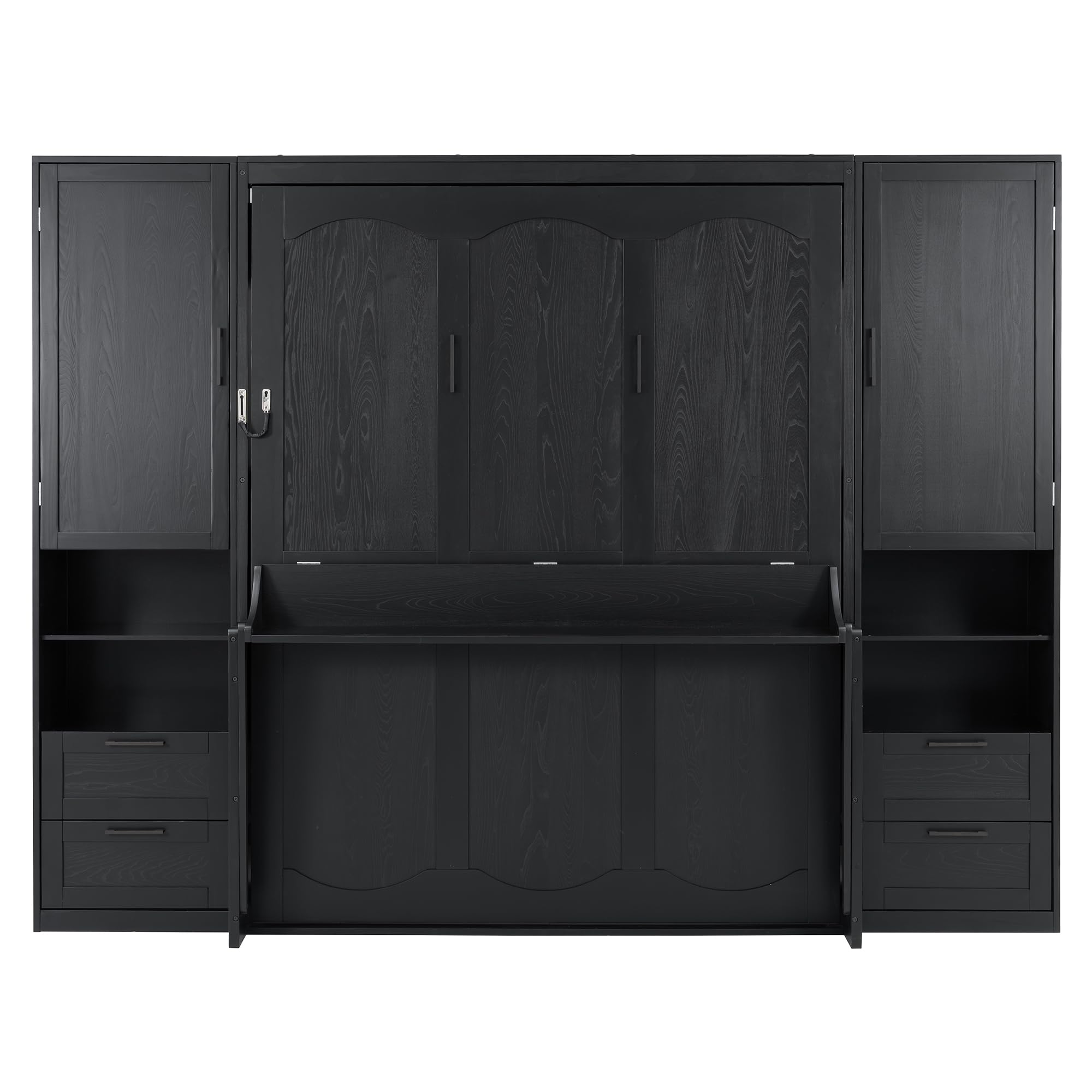 Merax Queen Size Murphy Bed with Desk, Multifunctional Foldable Wall Bed with Closet, Drawers and Shelves, Space-Saving Wood Bed Frame for Small Space Studio Study Office Guest Room, Black(Oak Veneer)