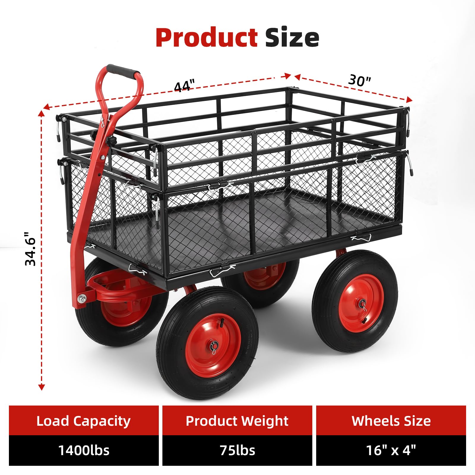 1400 LBS Steel Garden Yard Cart, Heavy-Duty Metal Garden Wagon Convertible 2-in-1 Handle and Removable Sides to Convert into Flatbed Lawn and Utility Wagons Cart