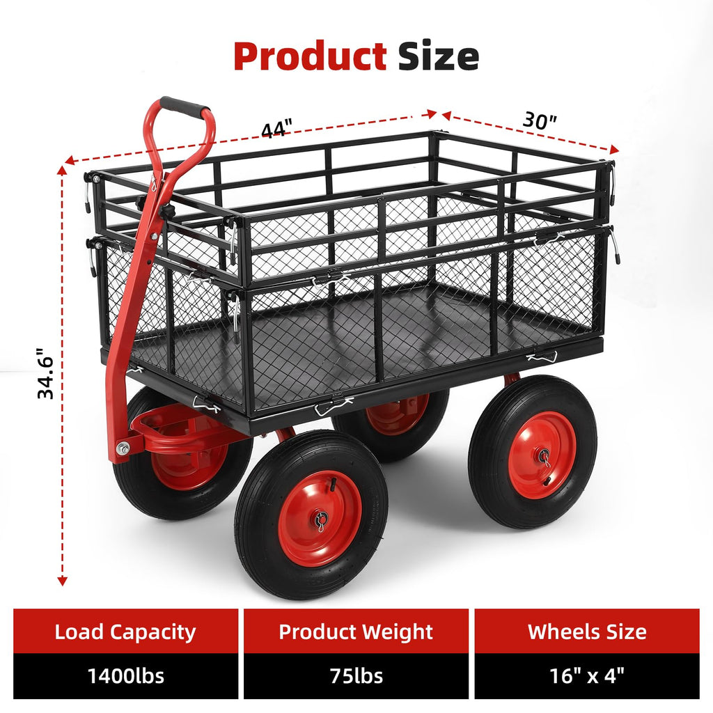 Garden Cart Steel Heavy Duty 1,400 LBS Yard and Garden Wagon with 16 Inch Tire and Adjustable Handle, Attach to ATV or Tractor, Black & Red