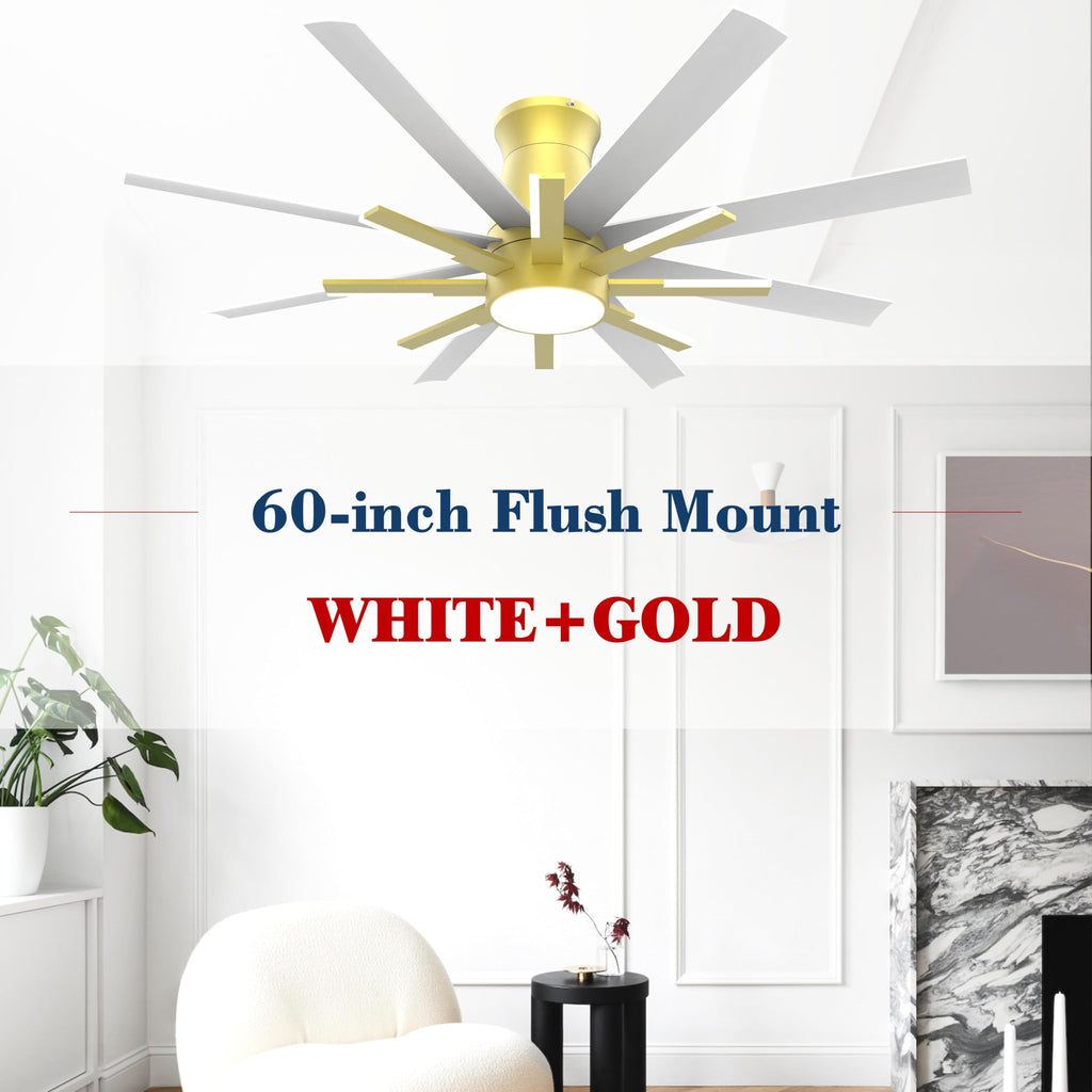 Fande-Aire 60 inch White Ceiling Fans with Lights and Remote, Flush Mount Ceiling Fan for Living Room Bedoom，6 Speed Reversible，8 Blades and 9 Lights，3 CCT，White Gold