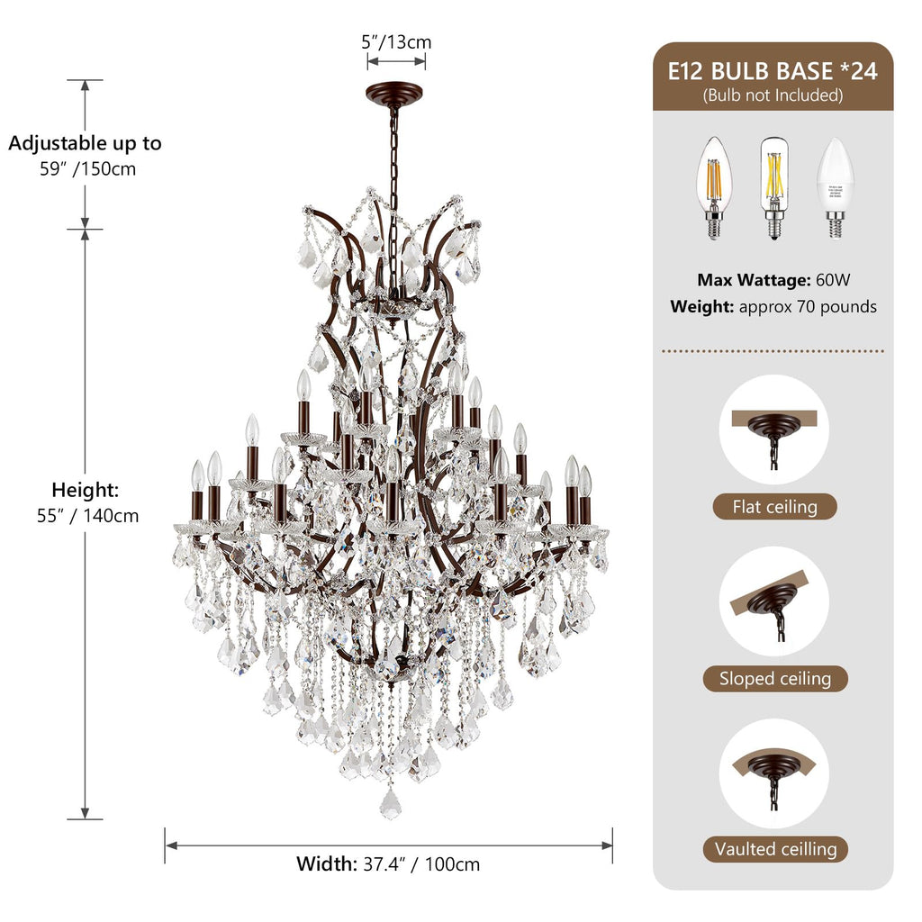 HUANXISHA 24 Lights Large Crystal Chandeliers Maria Theresa Chandelier for High Ceilings Vintage Chandelier Light Fixture Foyer Hallway Entryway Staircase 55.1" H x 39.4" D