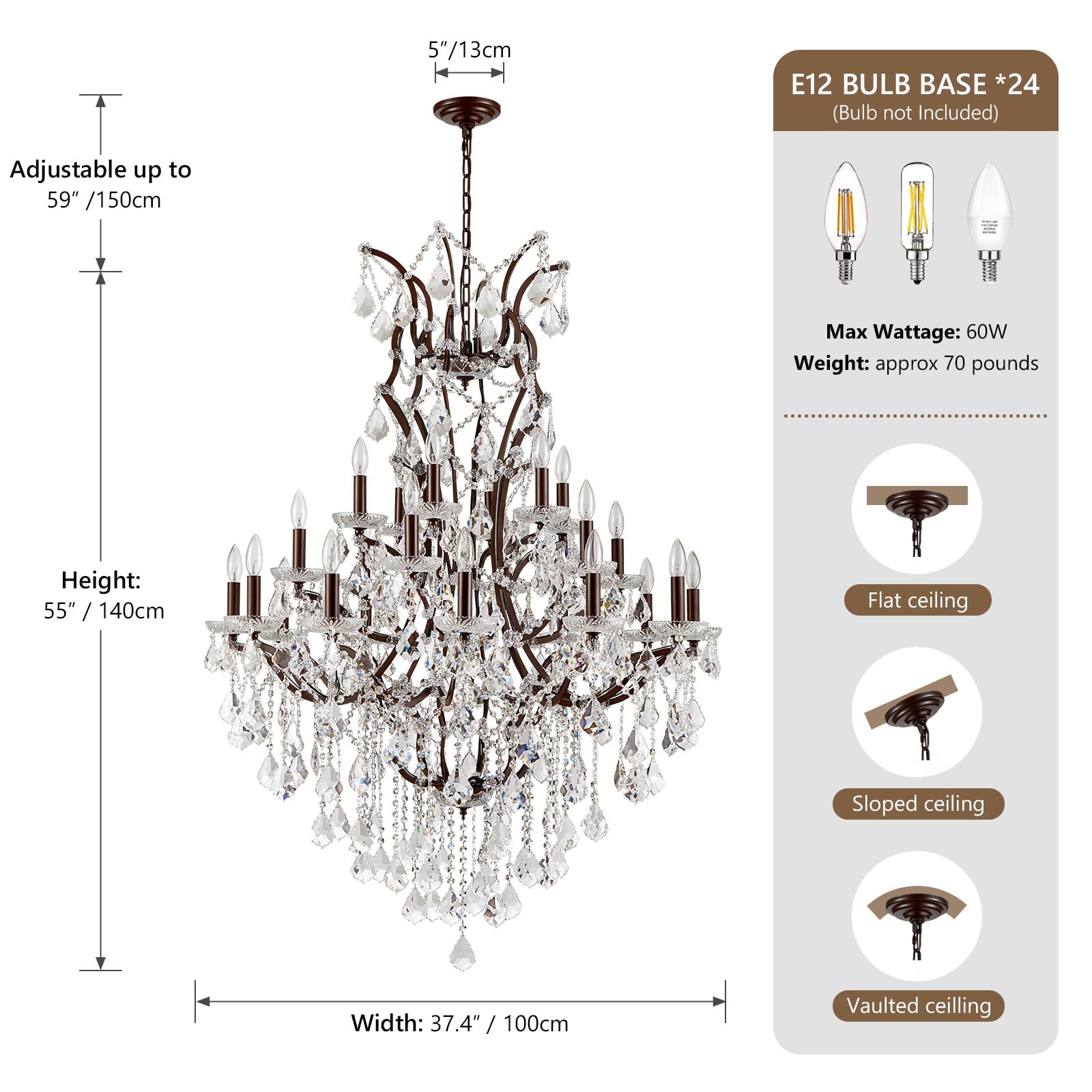 HUANXISHA 24 Lights Large Crystal Chandeliers Maria Theresa Chandelier for High Ceilings Vintage Chandelier Light Fixture Foyer Hallway Entryway Staircase 55.1" H x 39.4" D