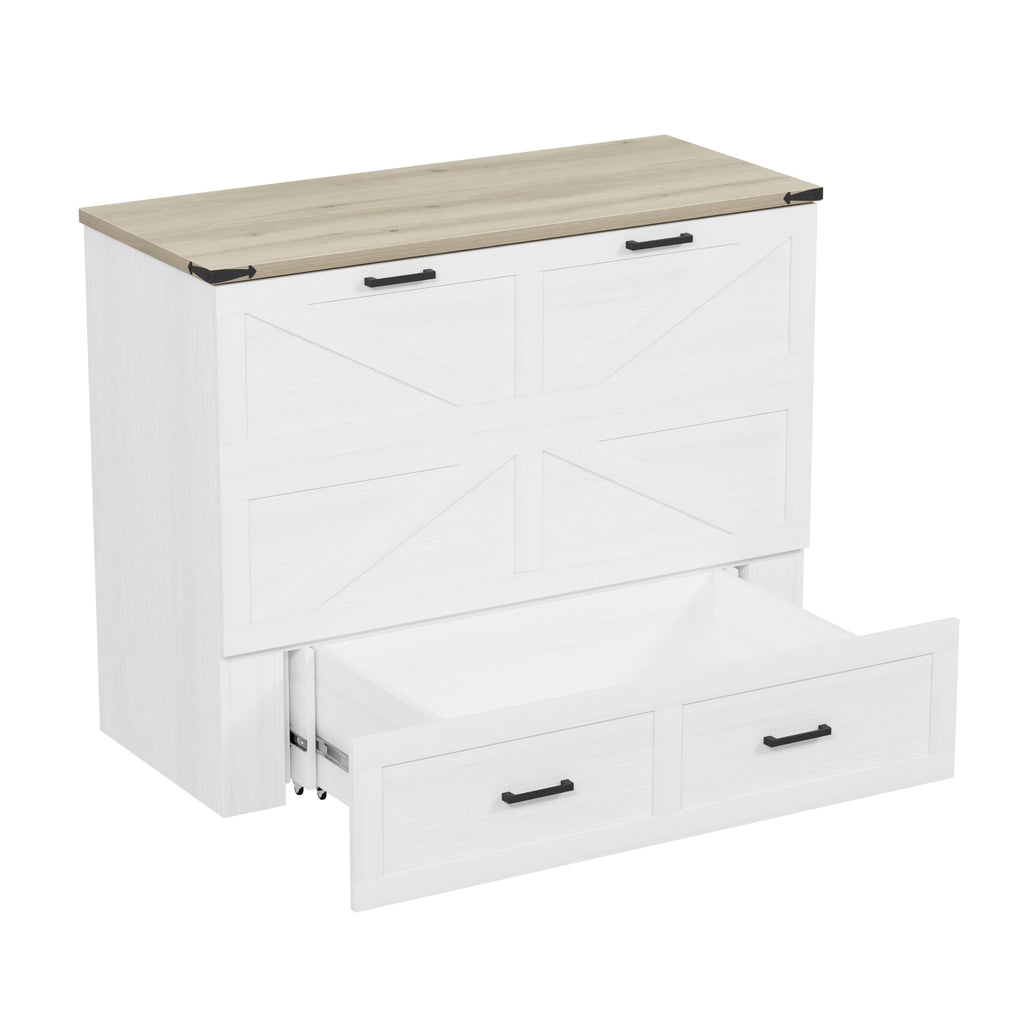 DNYN Farmhouse Murphy Cabinet Bed with Large Storage Drawer for Bedroom/Guest Room, Full-Size Foldable Wall Bed Frame with Charging Station, Space-Saving Design & No Box Spring Needed