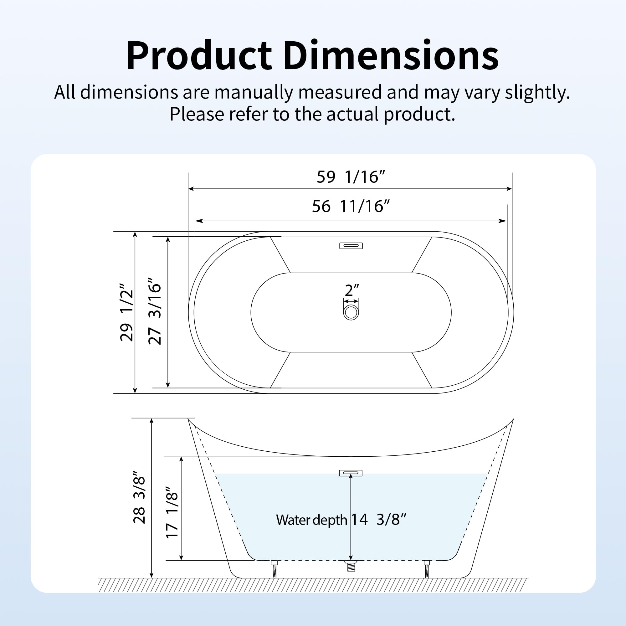DeerValley 59" Free Standing Bathtub, Acrylic Soaking Tub with Center Drain & Integrated Overflow, Modern Standalone Shower Tub White, Deep Soaker, Ergonomic Design, DV-1T151S