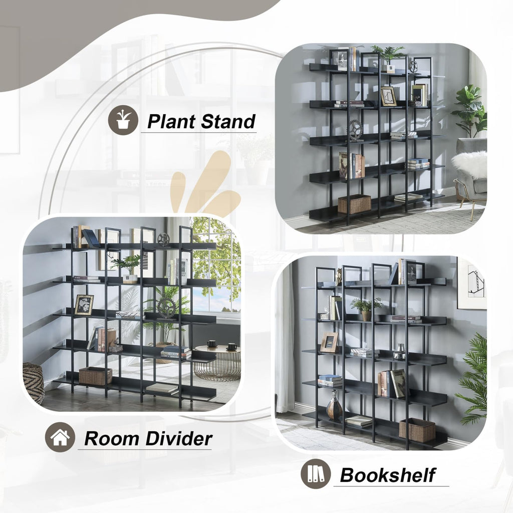 KCSWKJ 5 Tier Bookcase Home Office Open Bookshelf, Vintage Industrial Style Shelf with Metal Frame, MDF Board